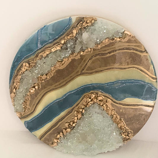 Carolina Blue Champagne Gold & Cream Resin Geode Art With Real Crystal Quartz