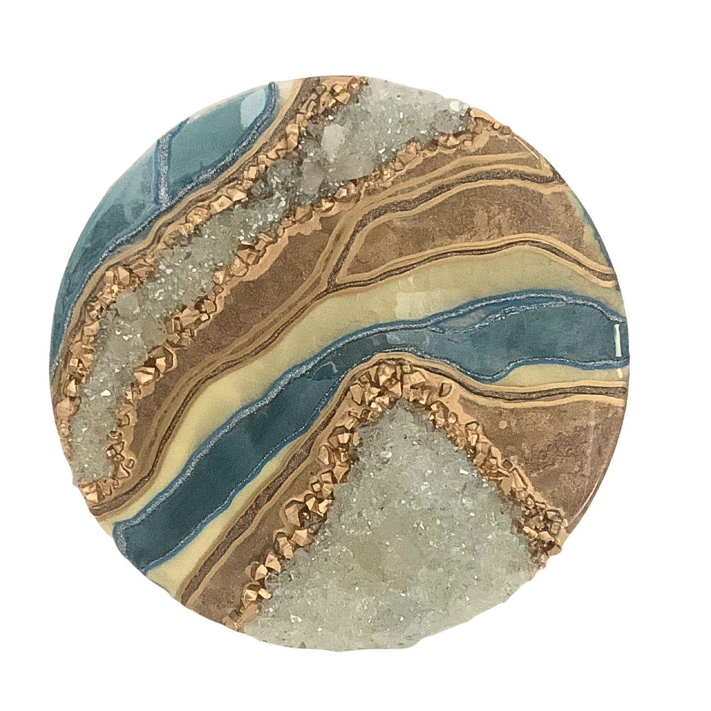Carolina Blue Champagne Gold & Cream Resin Geode Art With Real Crystal Quartz