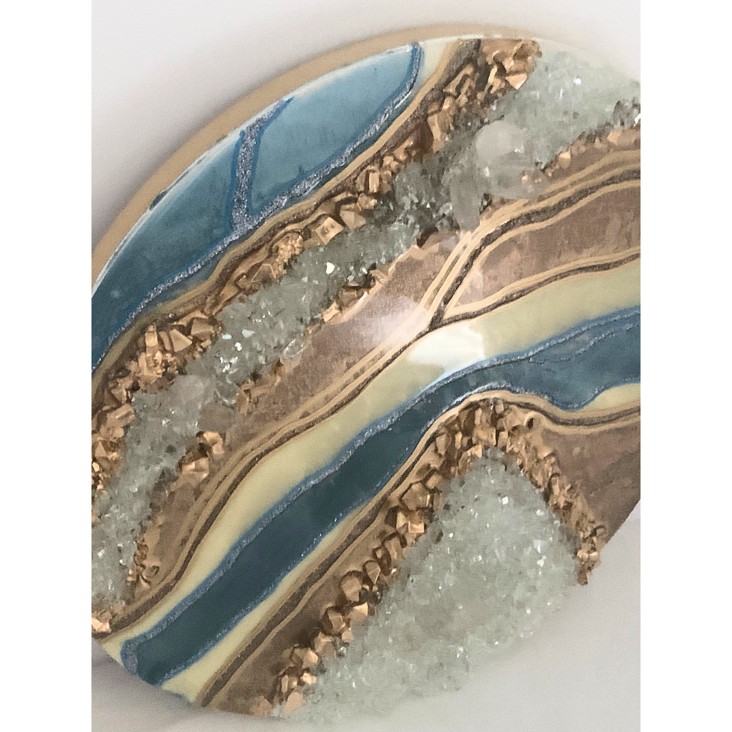 Carolina Blue Champagne Gold & Cream Resin Geode Art With Real Crystal Quartz