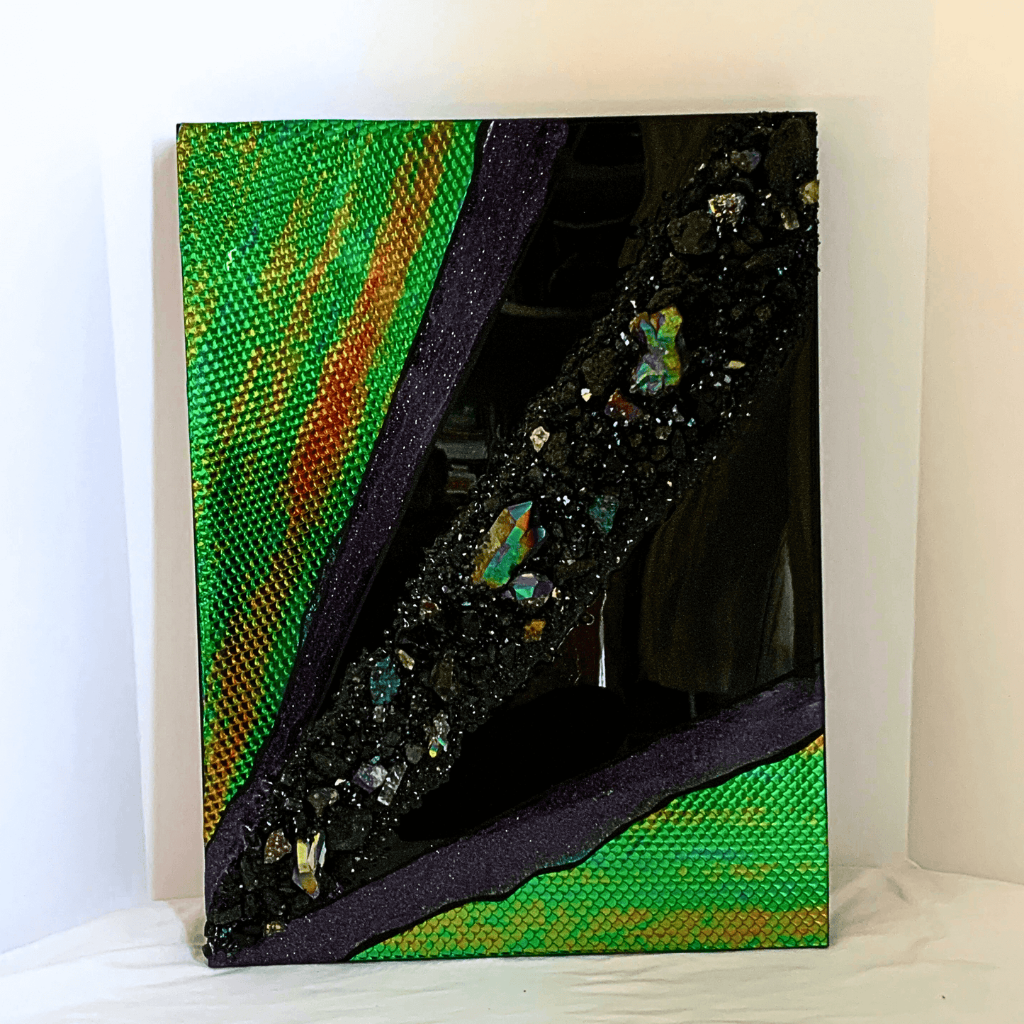 Into the Unknown Color-Shifting Resin Space Art with Black Obsidian, Black Tourmaline, Chalcopyrite, Lava Rocks & More