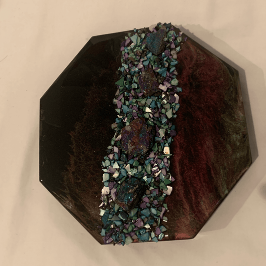 "GIVE ME SPACE" Modern Resin Art With Chalcopyrite (Peacock Ore) Crystals & Abalone Shells