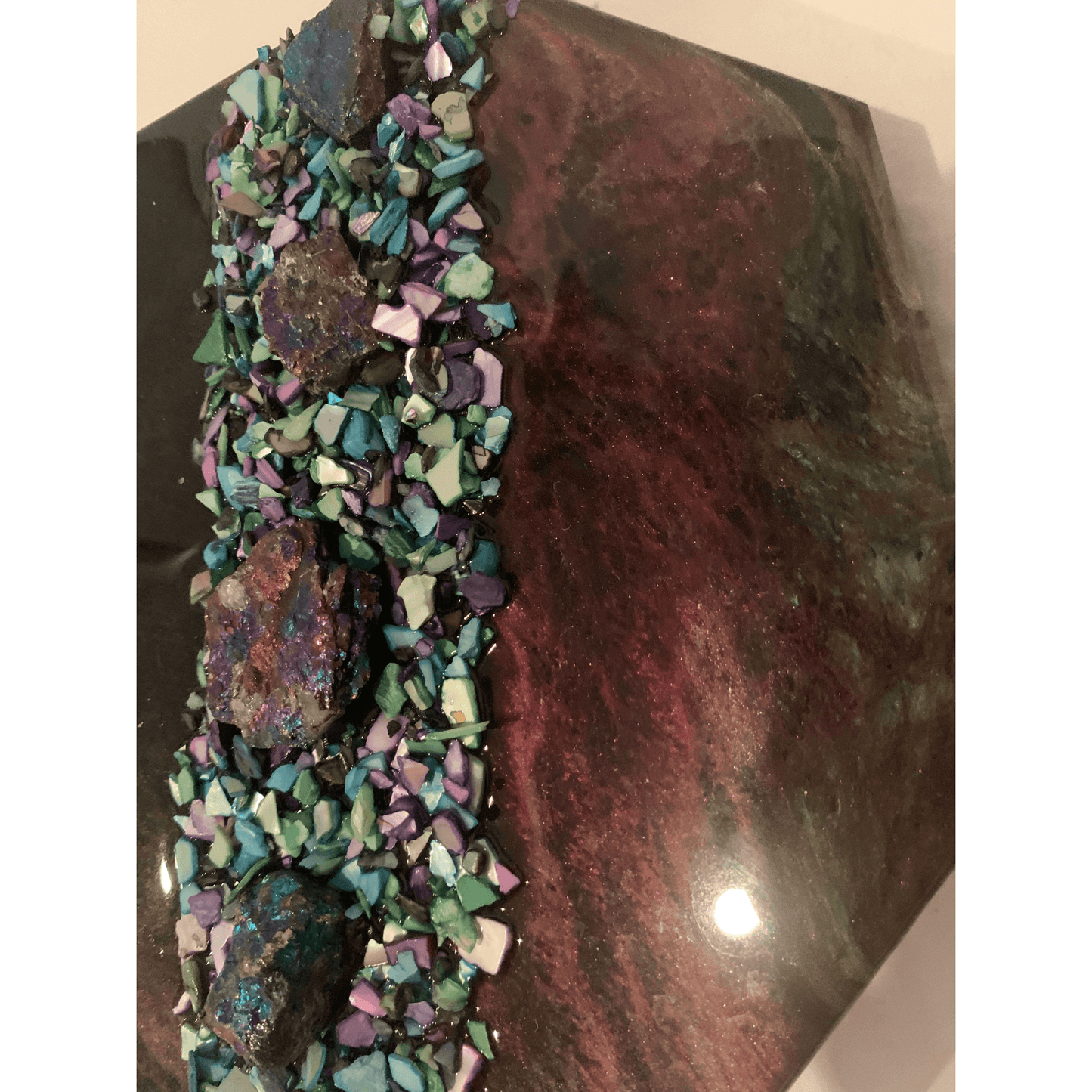 "GIVE ME SPACE" Modern Resin Art With Chalcopyrite (Peacock Ore) Crystals & Abalone Shells