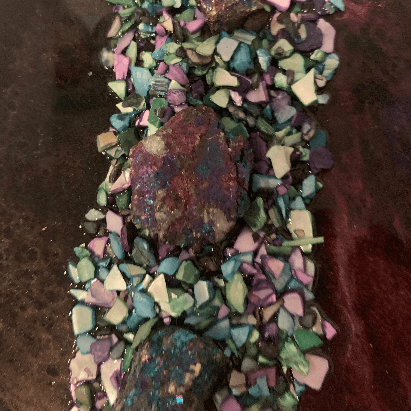 "GIVE ME SPACE" Modern Resin Art With Chalcopyrite (Peacock Ore) Crystals & Abalone Shells