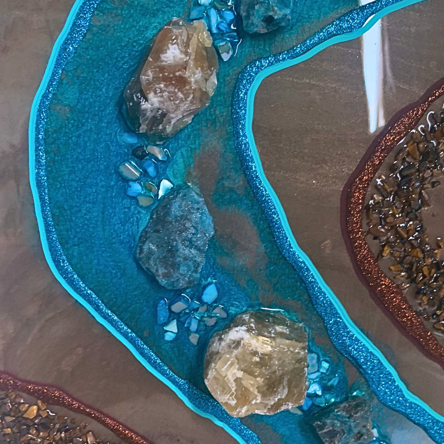 "CALM" Blue Apatite Honey Calcite & Tigers Eye Brown & Turquoise Modern Crystal & Resin Art