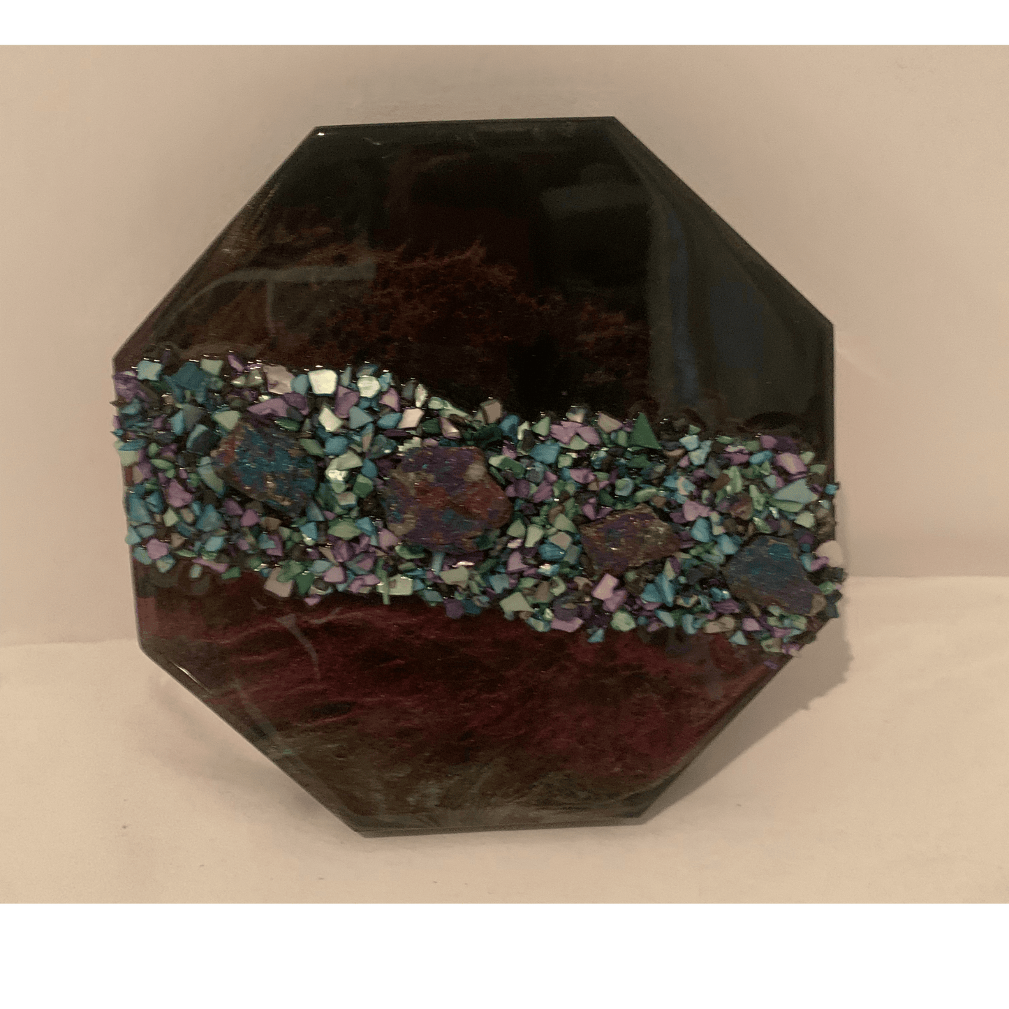 "GIVE ME SPACE" Modern Resin Art With Chalcopyrite (Peacock Ore) Crystals & Abalone Shells