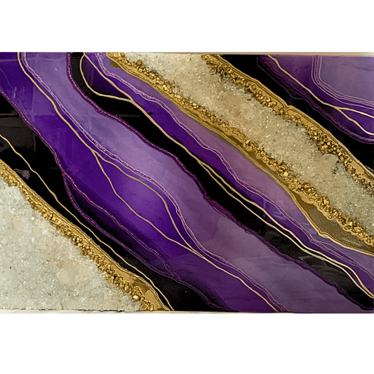 Royal Purple & Gold Resin Geode Modern Art with Real Crystal Quartz