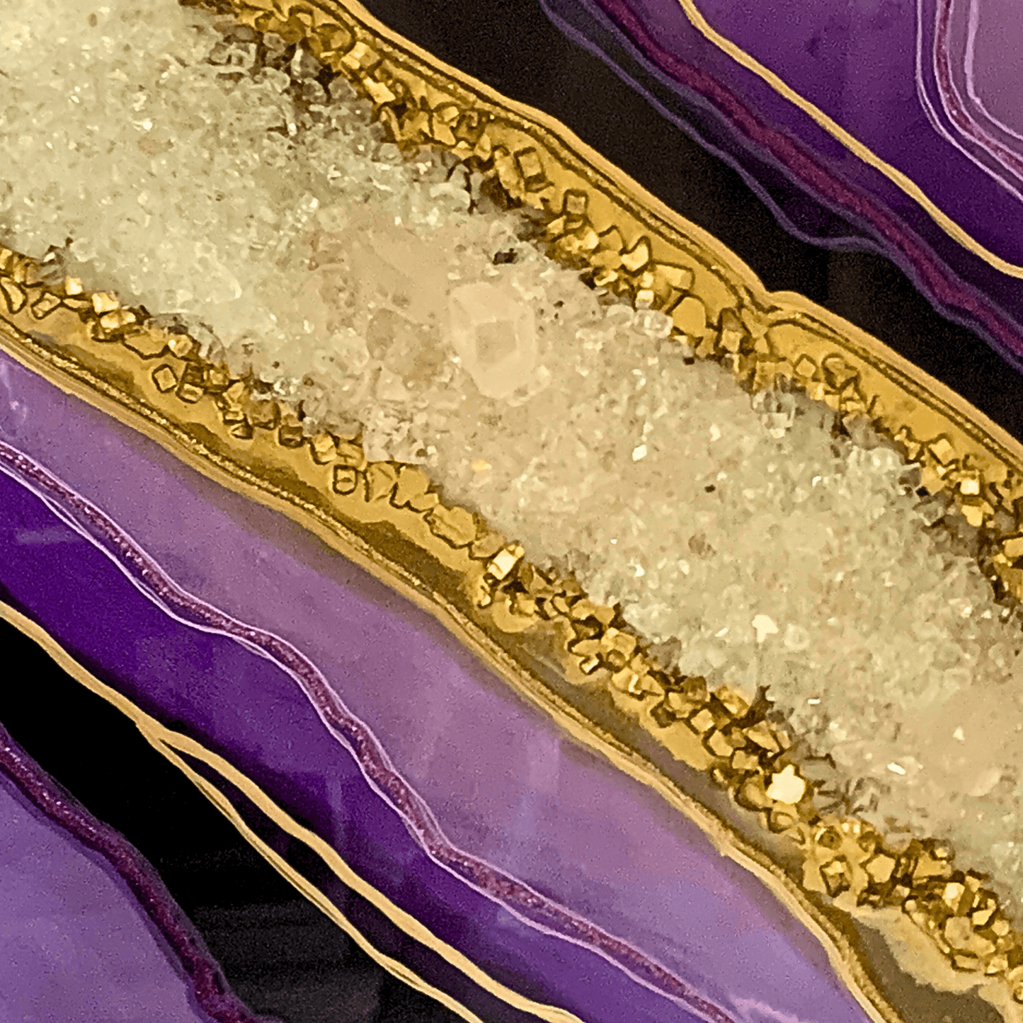 Royal Purple & Gold Resin Geode Modern Art with Real Crystal Quartz