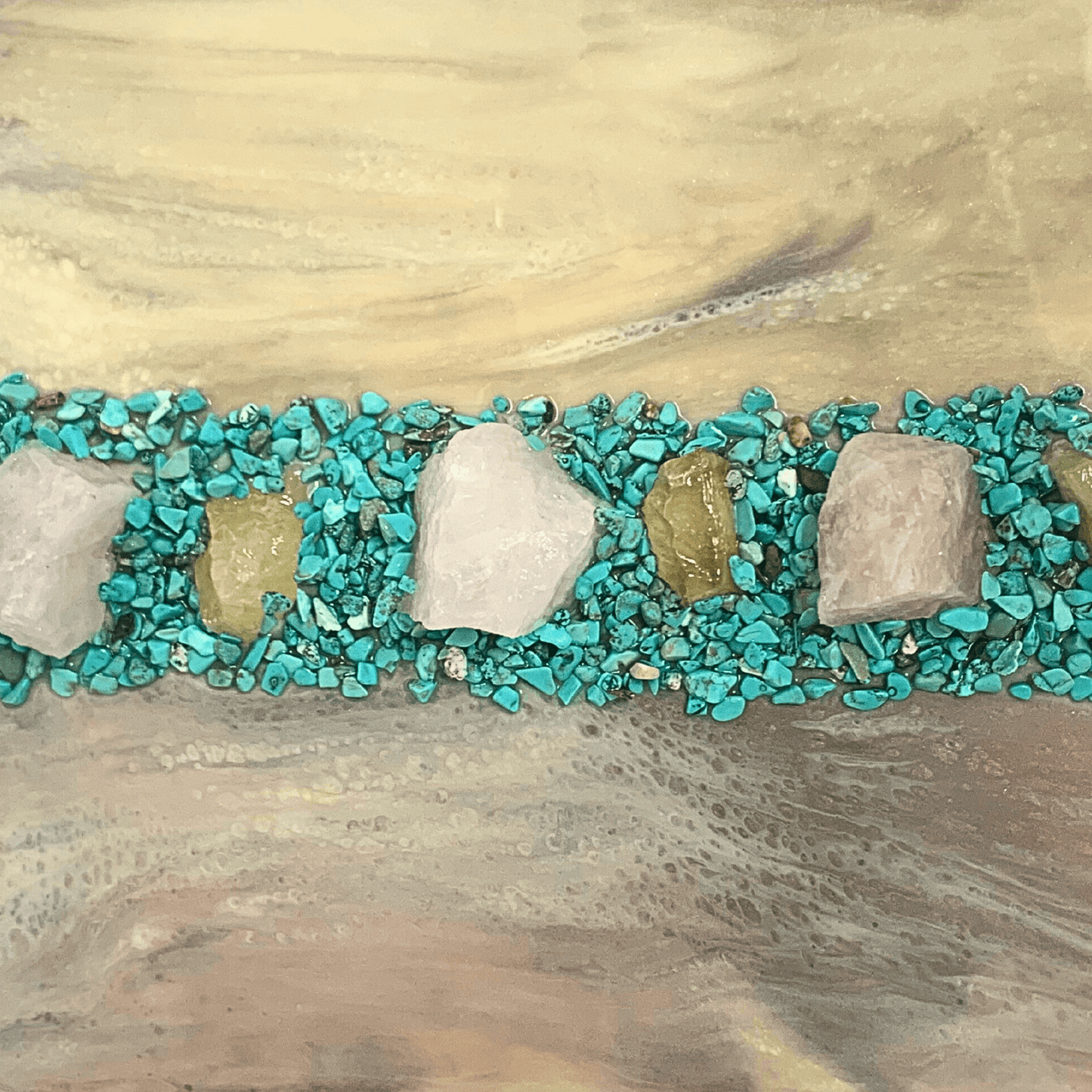 Turquoise & Rose Quartz & Honey Calcite Crystal Art