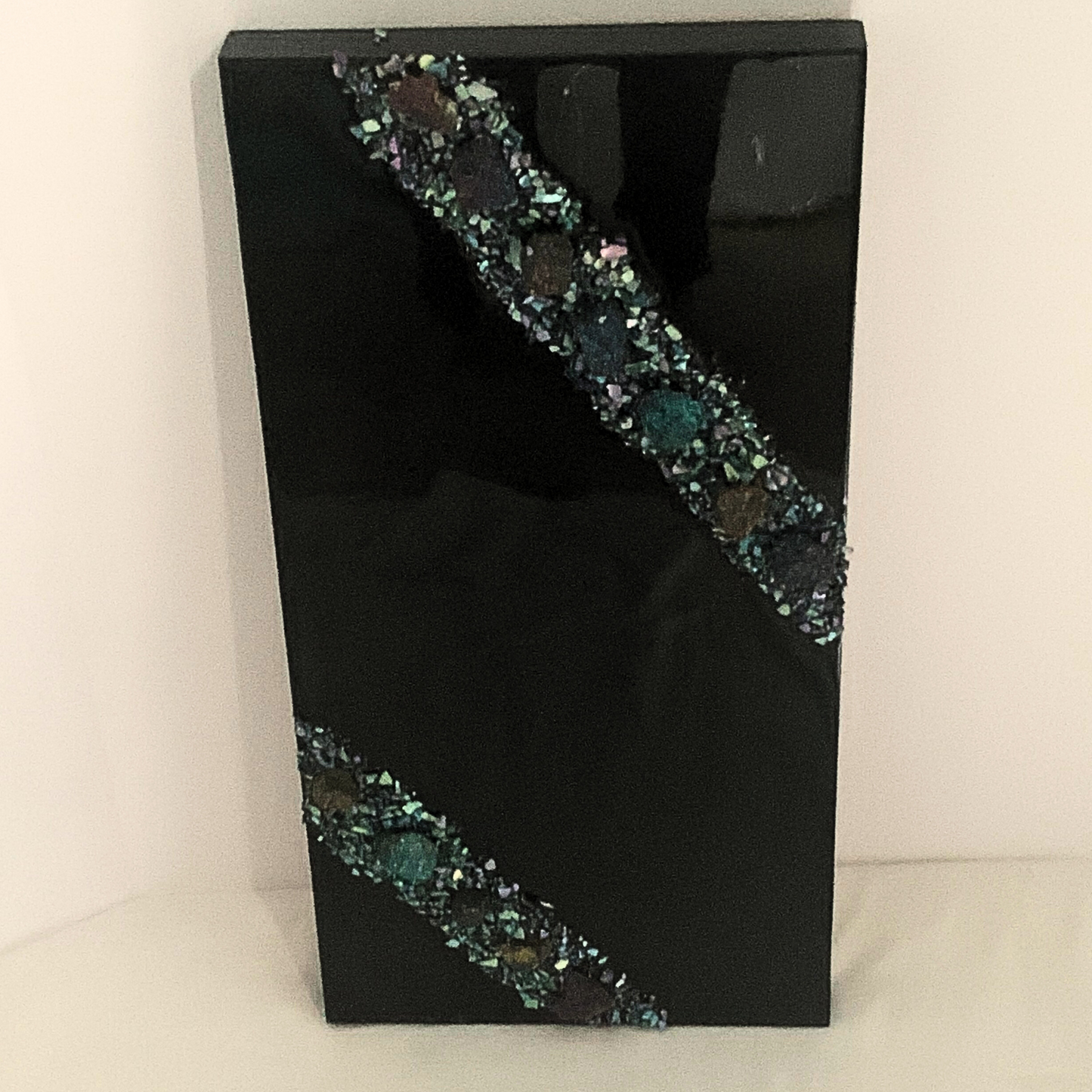 "I AM HEALING" Black Resin Art Piece with Chalcopyrite Crystals & Abalone Shells