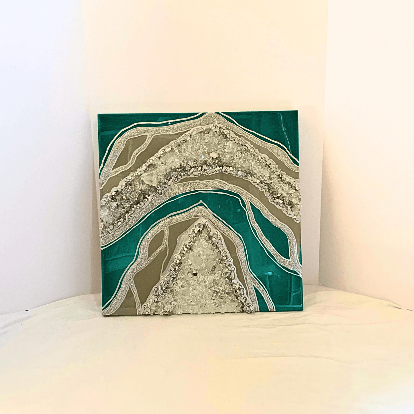 Silver Emerald Green Geode Resin Art with Real Crystal Quartz