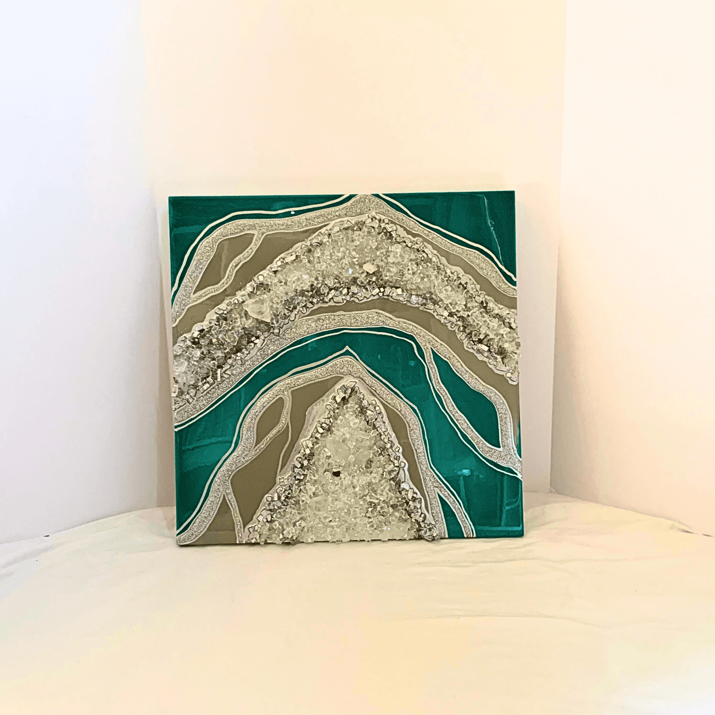 Silver Emerald Green Geode Resin Art with Real Crystal Quartz
