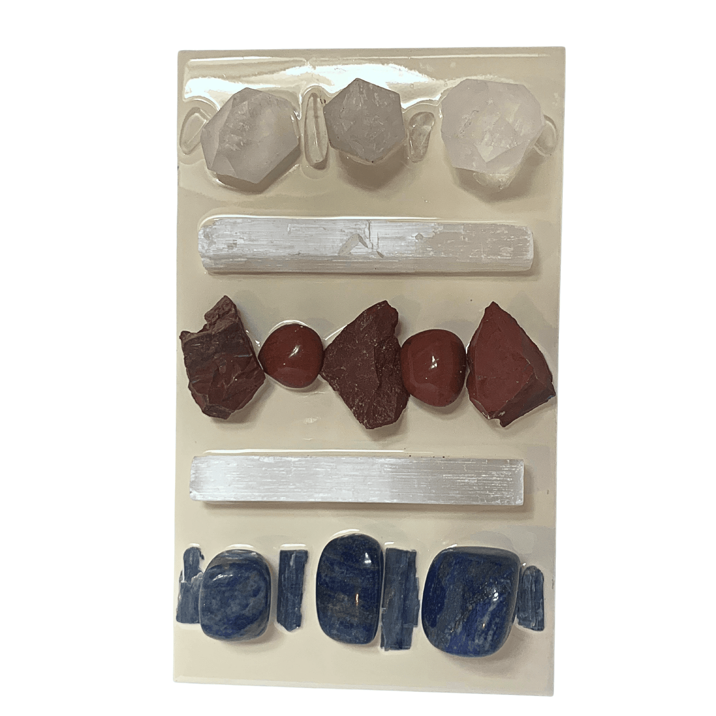 Proud to be An American Crystal Art with Red Jasper, Crystal Quartz, Selenite, and Lapiz Lazuli & Kyanite Crystals