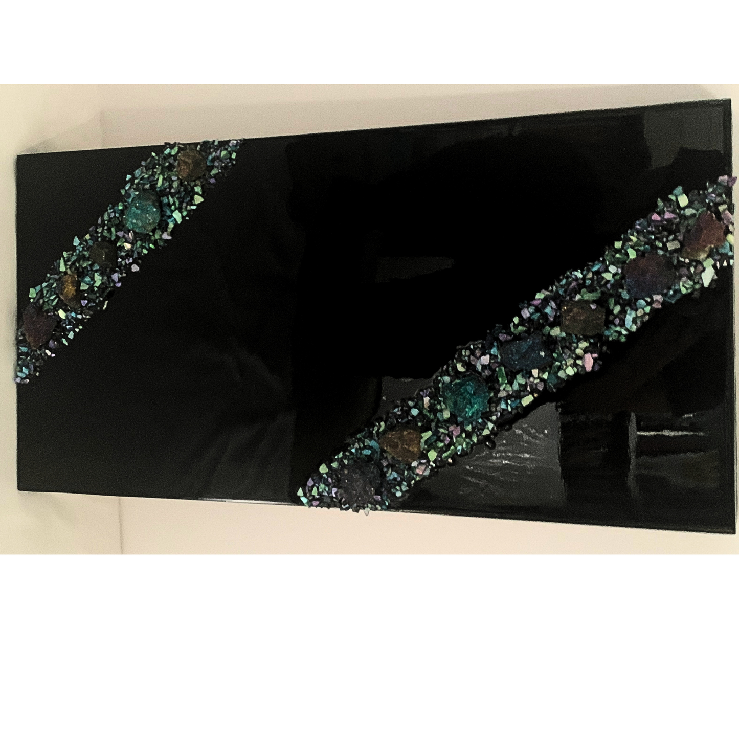 "I AM HEALING" Black Resin Art Piece with Chalcopyrite Crystals & Abalone Shells