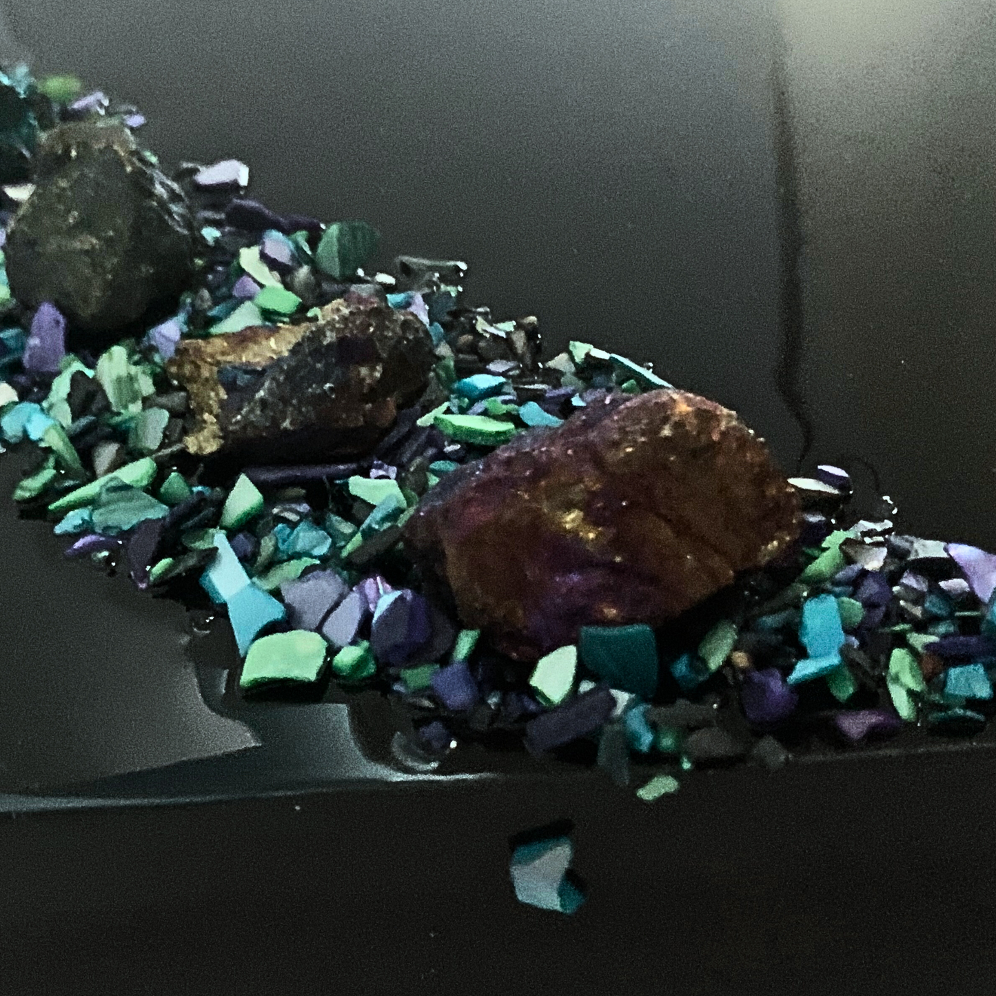 "I AM HEALING" Black Resin Art Piece with Chalcopyrite Crystals & Abalone Shells