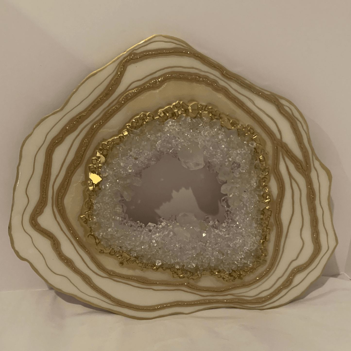 "CREAMY WHITE & GOLD GEODE" Modern Resin Art With Real Crystal Quartz Points