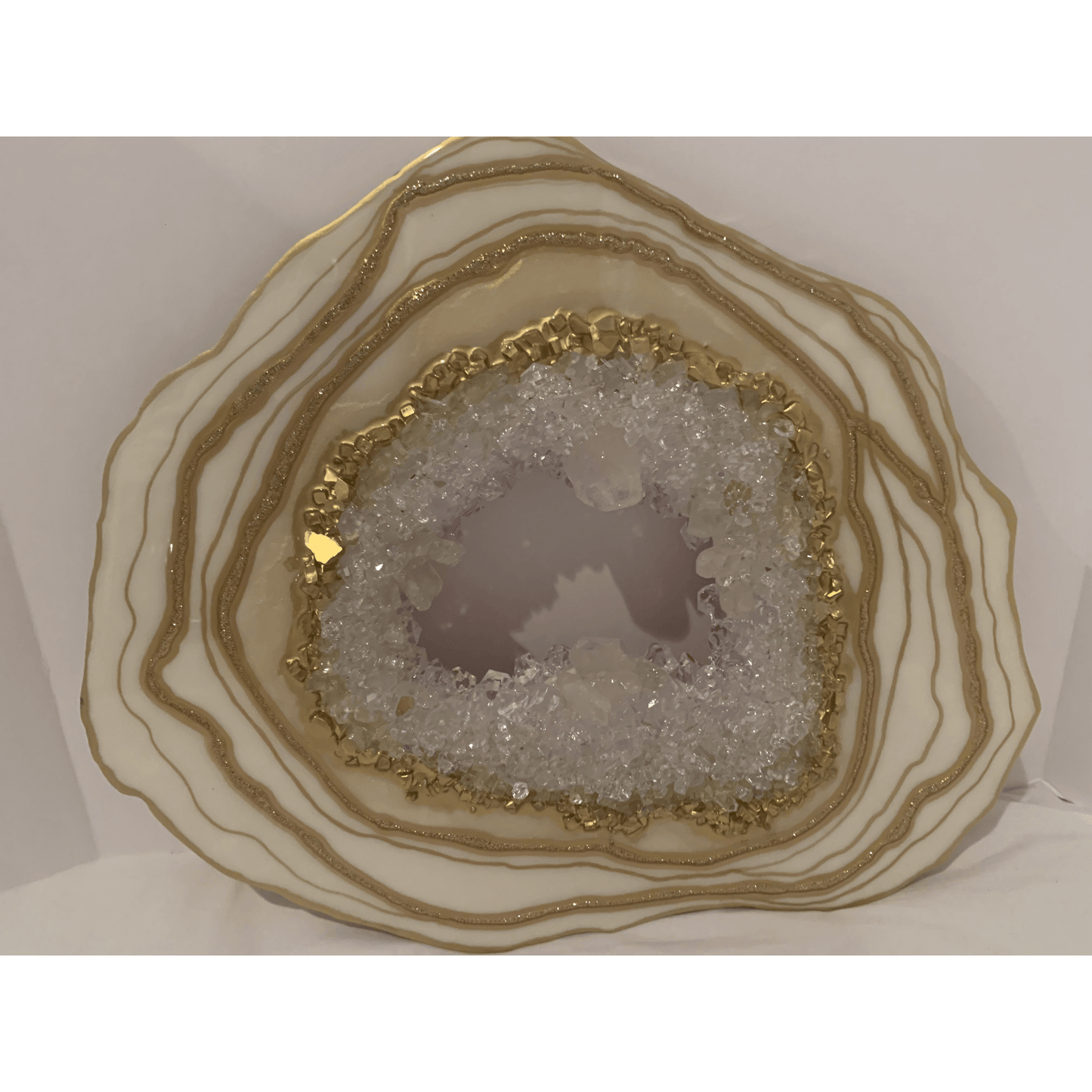 "CREAMY WHITE & GOLD GEODE" Modern Resin Art With Real Crystal Quartz Points