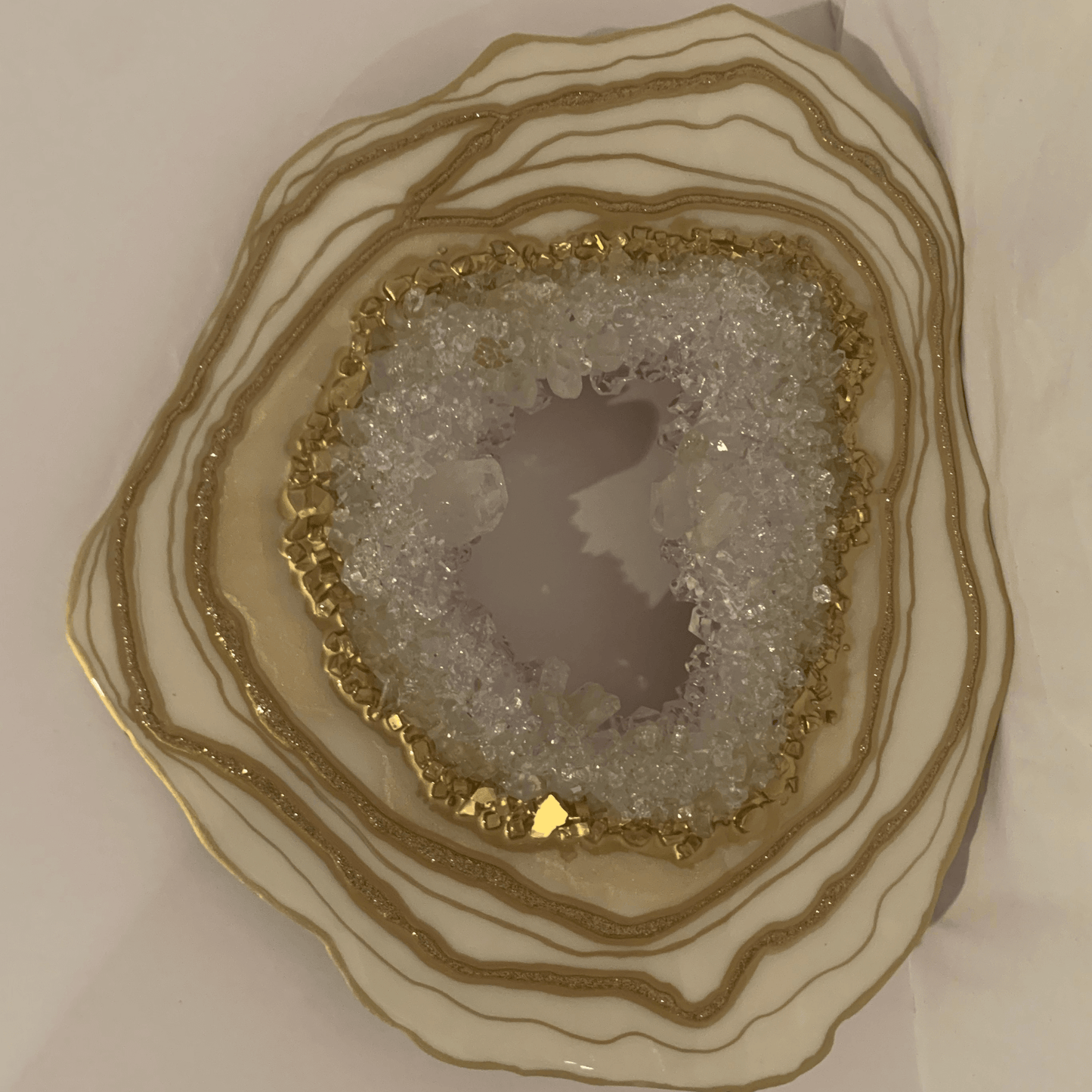 "CREAMY WHITE & GOLD GEODE" Modern Resin Art With Real Crystal Quartz Points