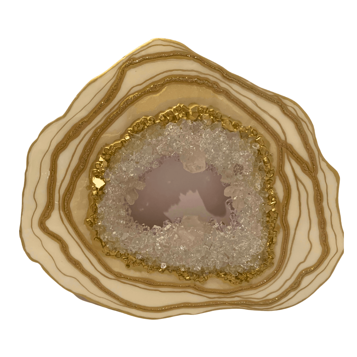 "CREAMY WHITE & GOLD GEODE" Modern Resin Art With Real Crystal Quartz Points