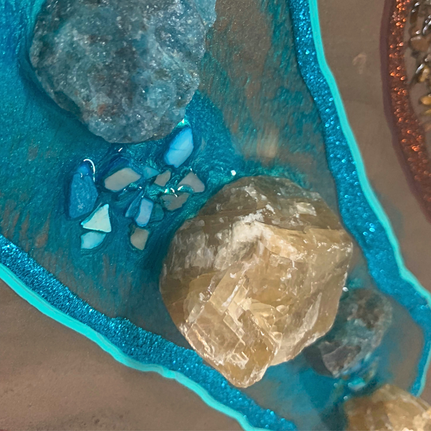 "CALM" Blue Apatite Honey Calcite & Tigers Eye Brown & Turquoise Modern Crystal & Resin Art