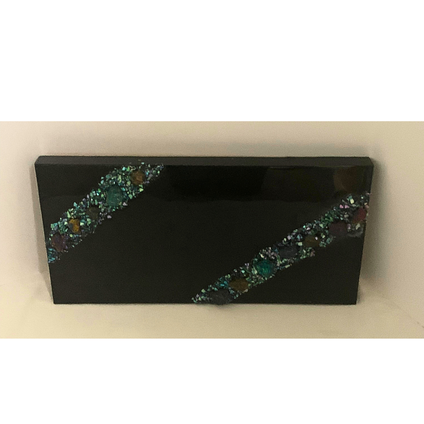 "I AM HEALING" Black Resin Art Piece with Chalcopyrite Crystals & Abalone Shells