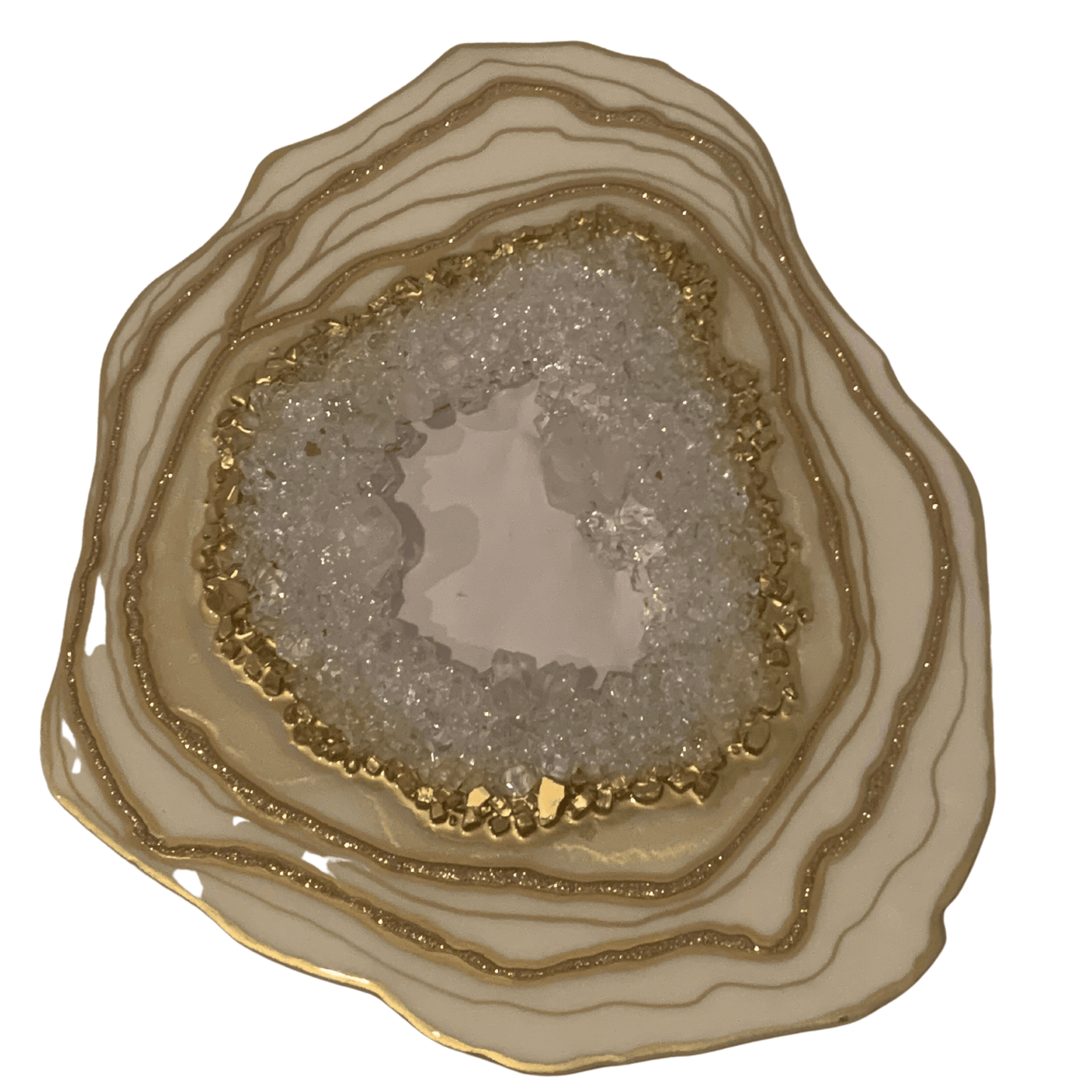 "CREAMY WHITE & GOLD GEODE" Modern Resin Art With Real Crystal Quartz Points