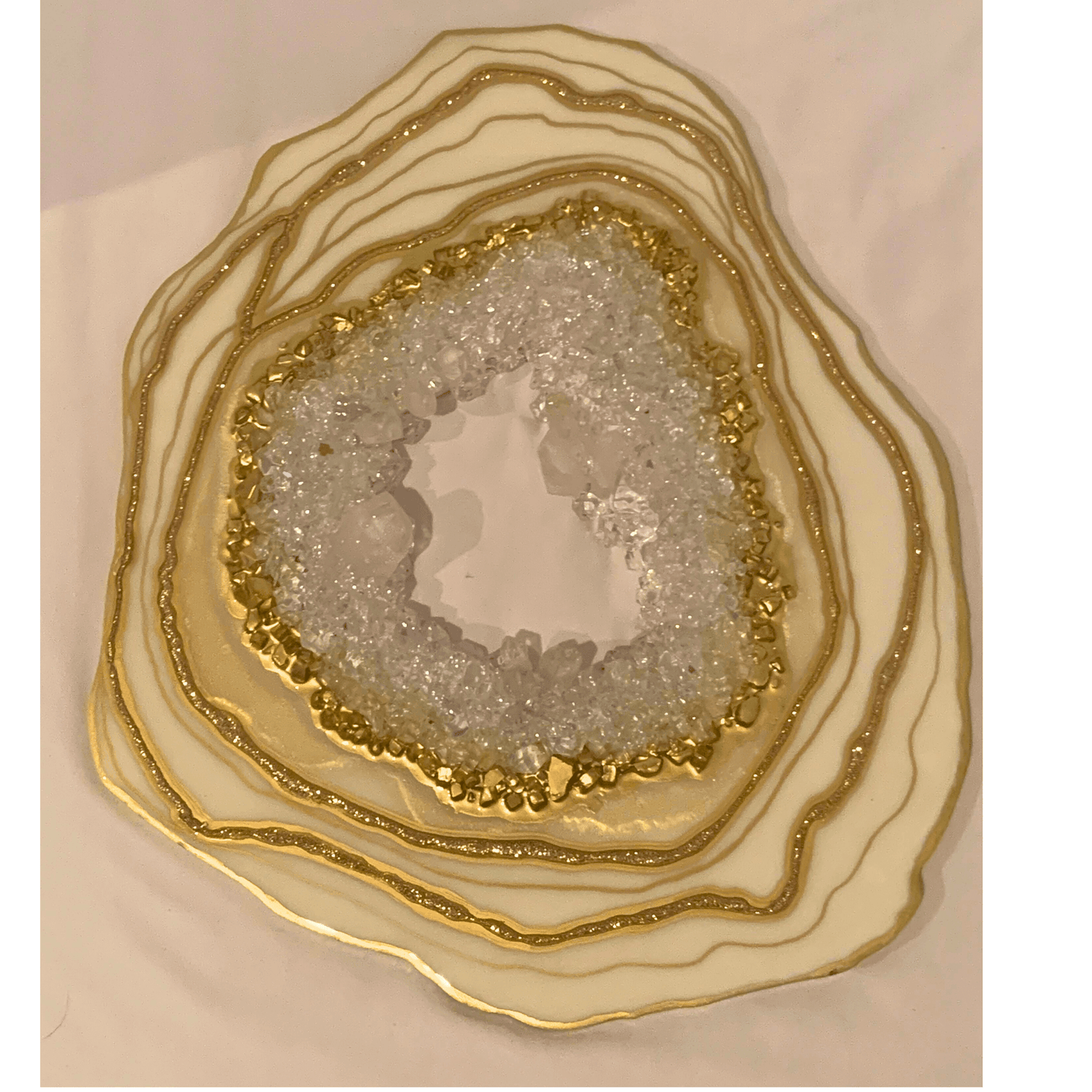 "CREAMY WHITE & GOLD GEODE" Modern Resin Art With Real Crystal Quartz Points