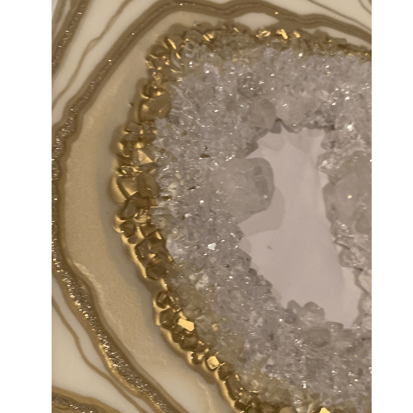 "CREAMY WHITE & GOLD GEODE" Modern Resin Art With Real Crystal Quartz Points