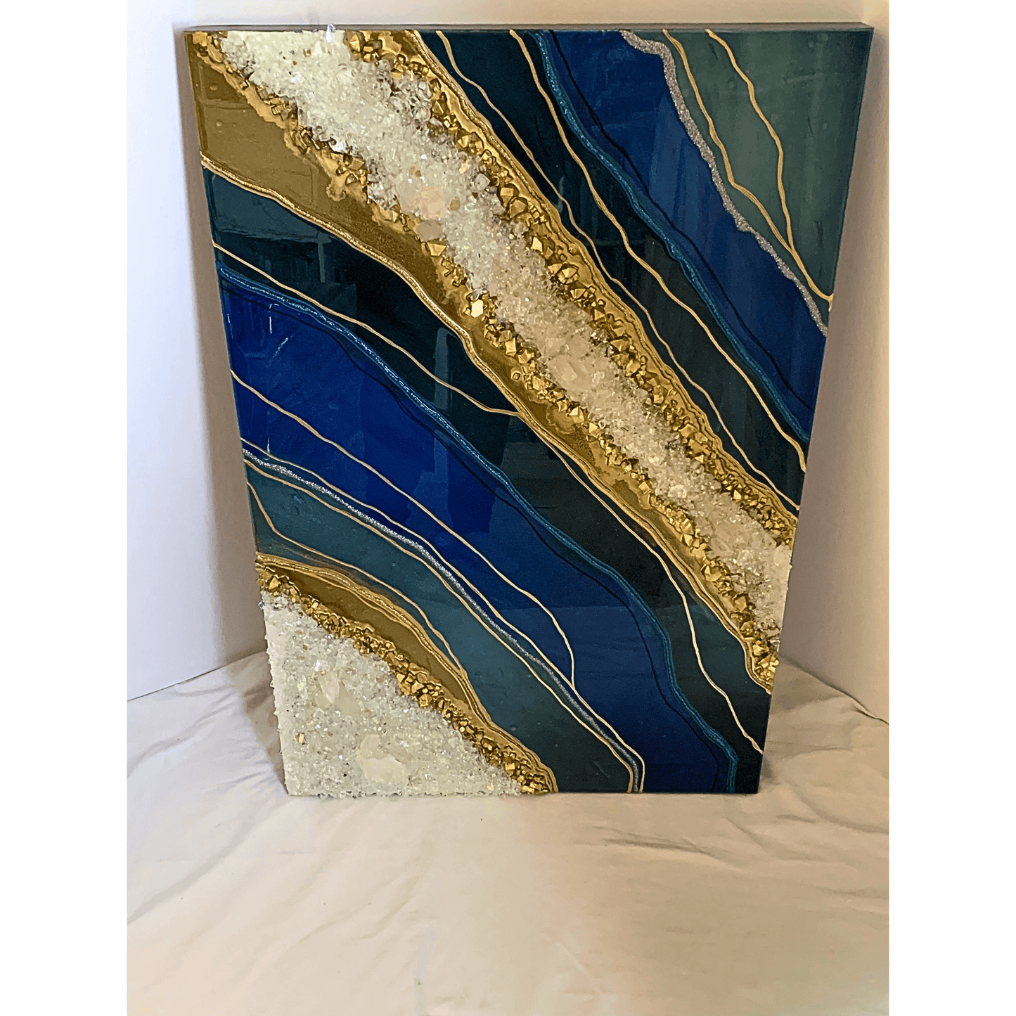 Royal Blue & Gold Resin Geode with Crystal Quartz Points Modern Resin Art