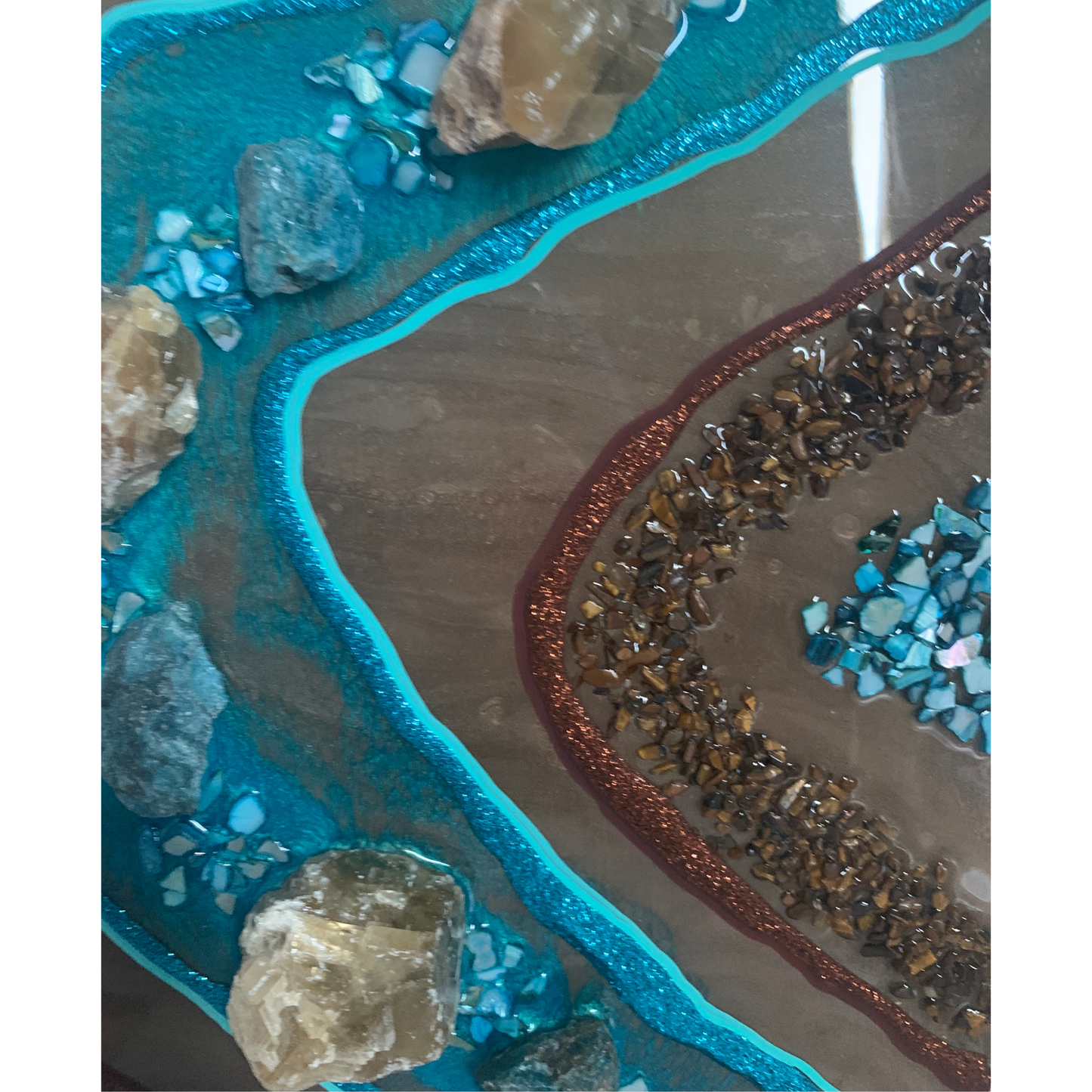 "CALM" Blue Apatite Honey Calcite & Tigers Eye Brown & Turquoise Modern Crystal & Resin Art