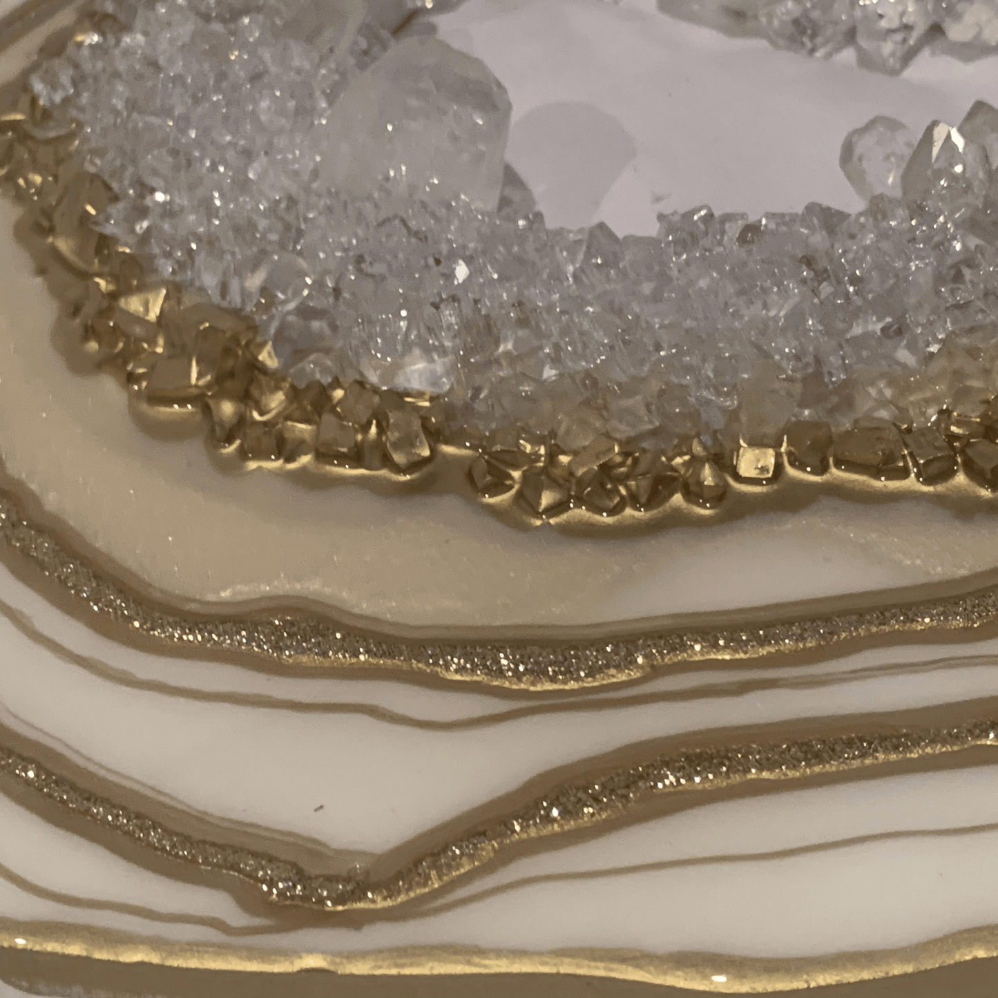 "CREAMY WHITE & GOLD GEODE" Modern Resin Art With Real Crystal Quartz Points