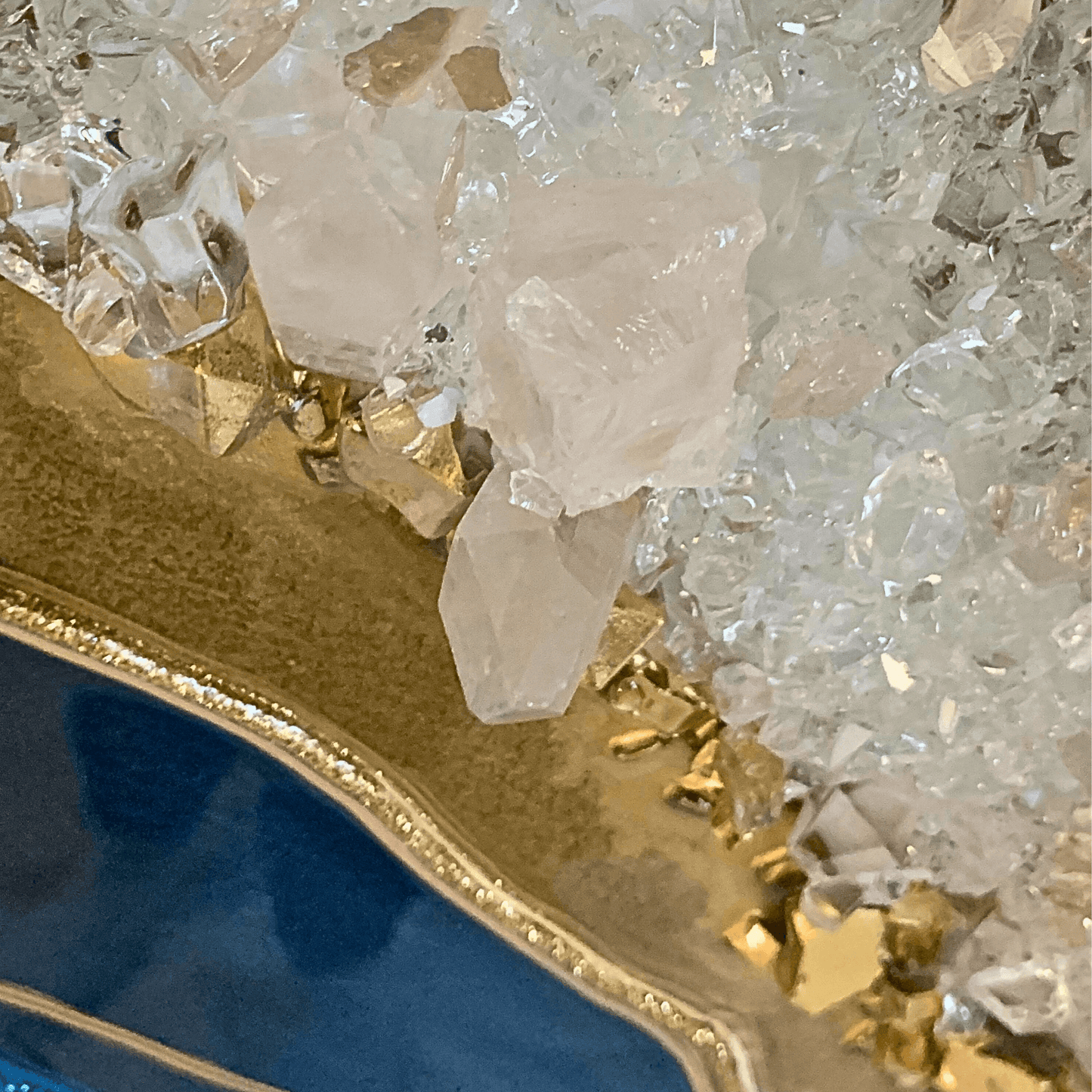 Royal Blue & Gold Resin Geode with Crystal Quartz Points Modern Resin Art