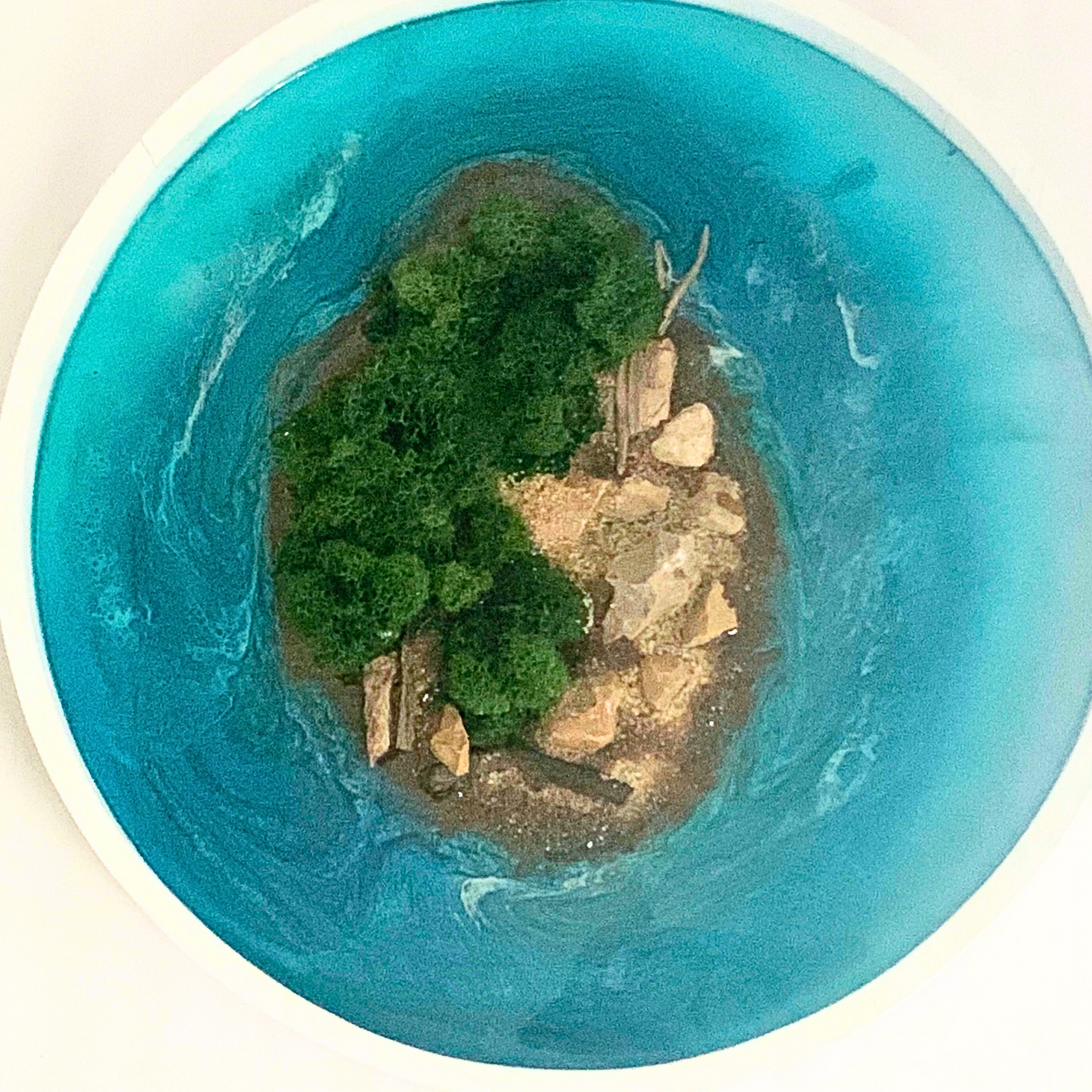 "ISLAND ESCAPE" Modern Resin Ocean Art with Real Sand, Moss, and Shells