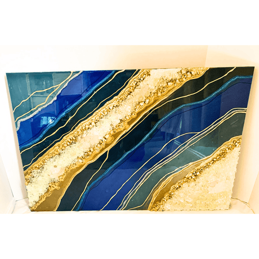 Royal Blue & Gold Resin Geode with Crystal Quartz Points Modern Resin Art