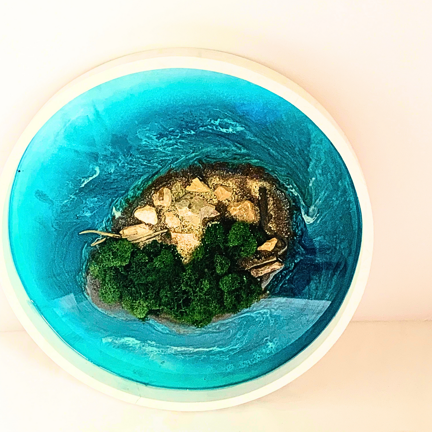 "ISLAND ESCAPE" Modern Resin Ocean Art with Real Sand, Moss, and Shells