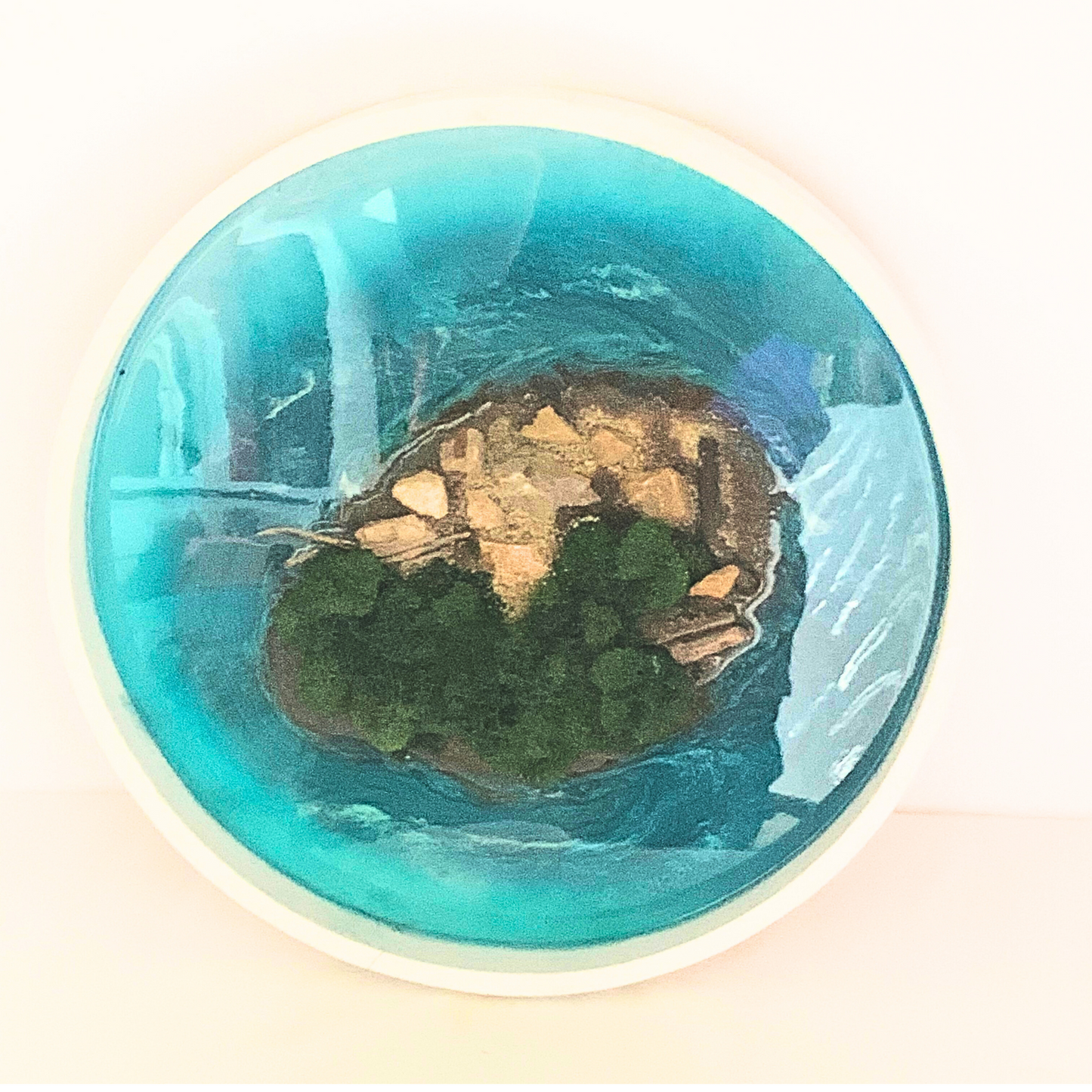 "ISLAND ESCAPE" Modern Resin Ocean Art with Real Sand, Moss, and Shells