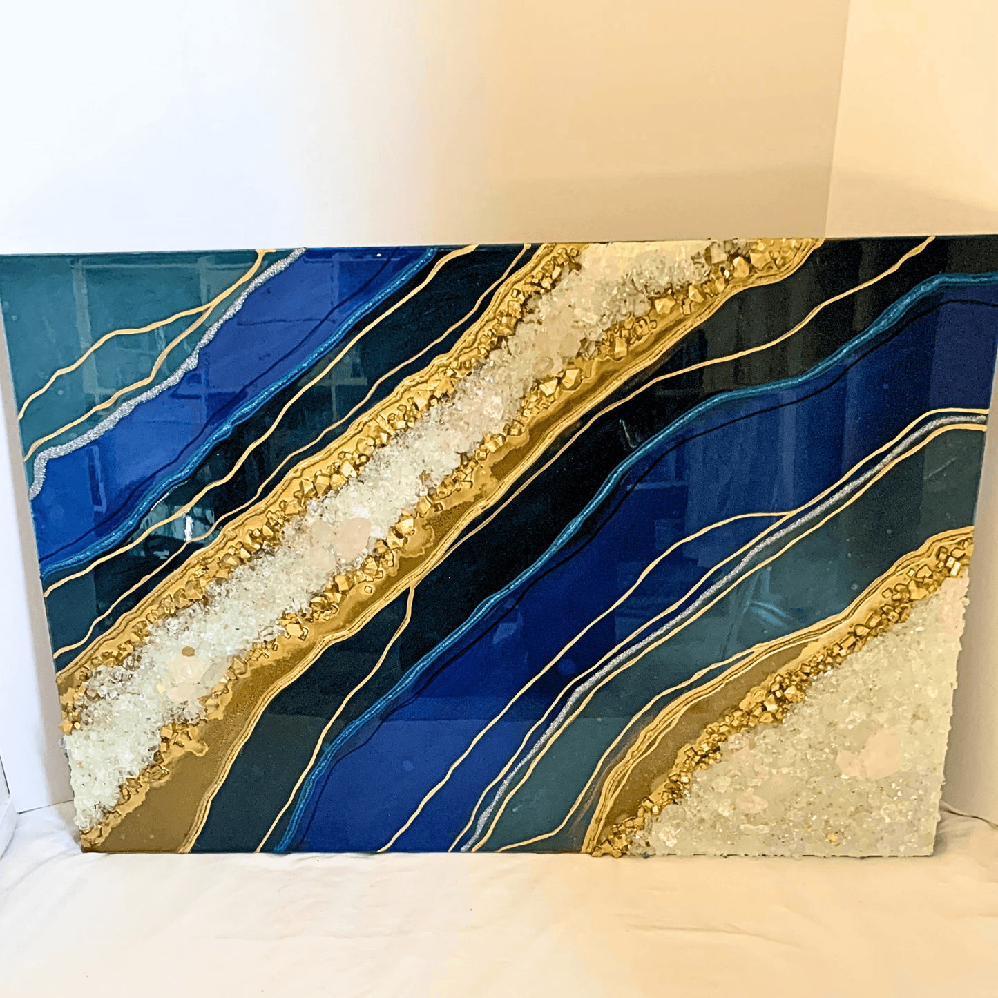 Royal Blue & Gold Resin Geode with Crystal Quartz Points Modern Resin Art