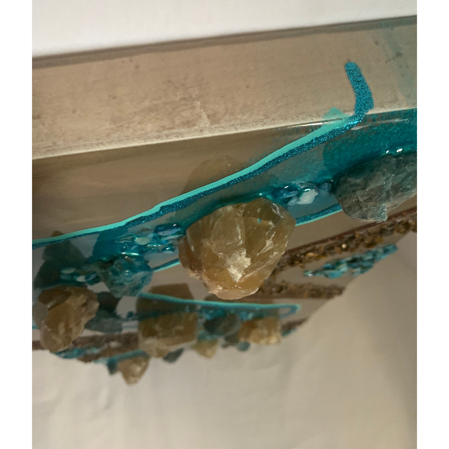 "CALM" Blue Apatite Honey Calcite & Tigers Eye Brown & Turquoise Modern Crystal & Resin Art