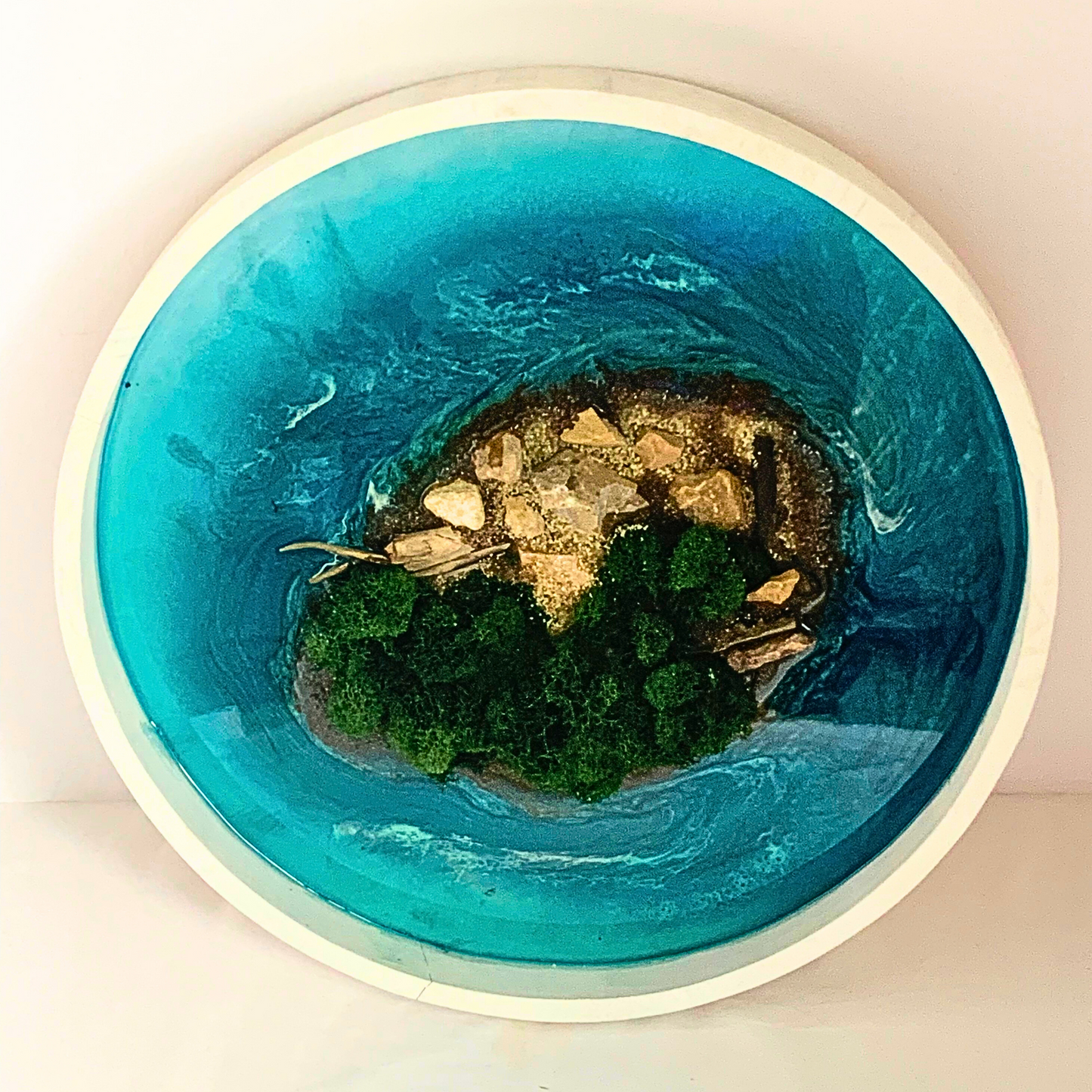 "ISLAND ESCAPE" Modern Resin Ocean Art with Real Sand, Moss, and Shells