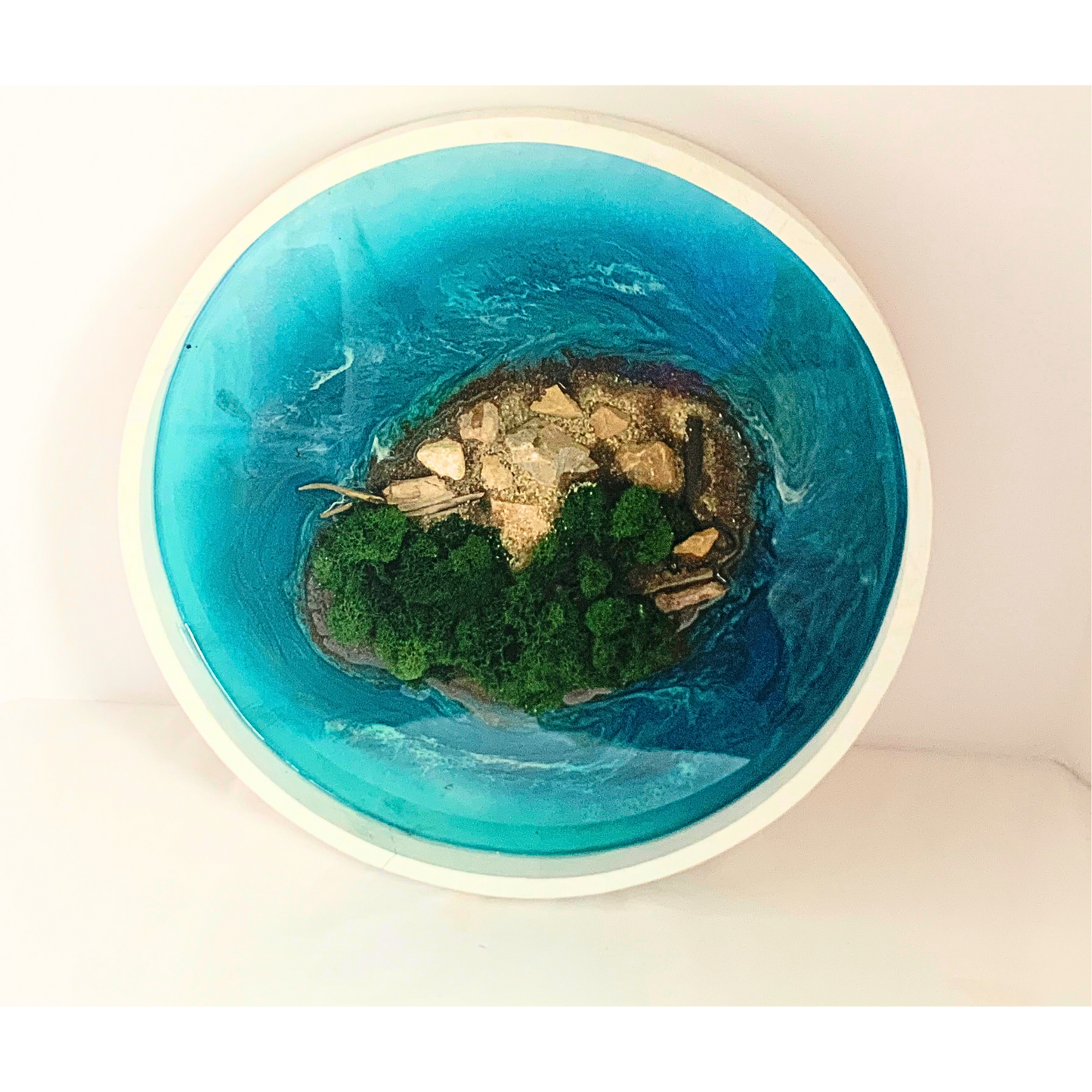 "ISLAND ESCAPE" Modern Resin Ocean Art with Real Sand, Moss, and Shells