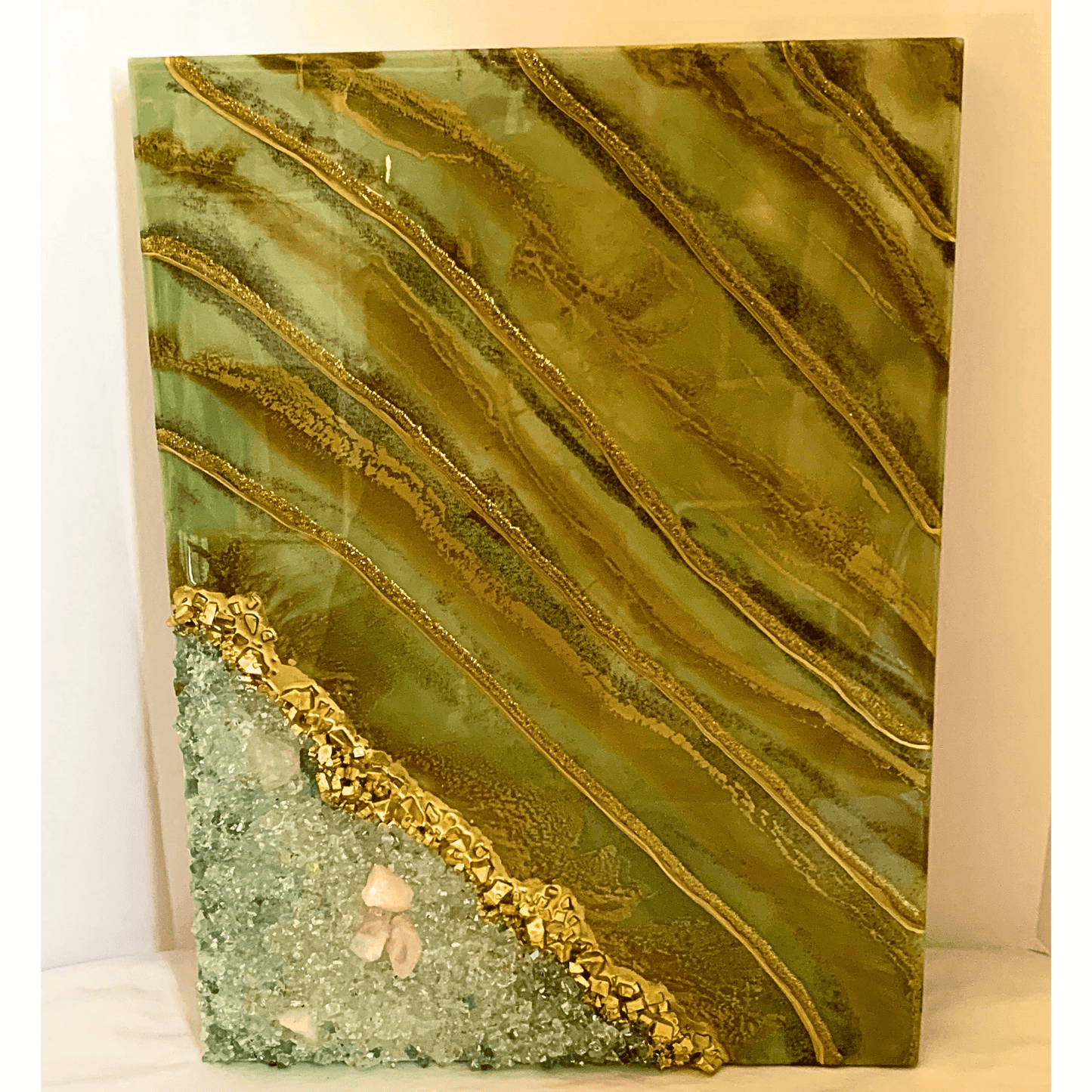 Olive Me Loves Olive You- Modern Resin Crystal Geode Art Olive Green & Gold