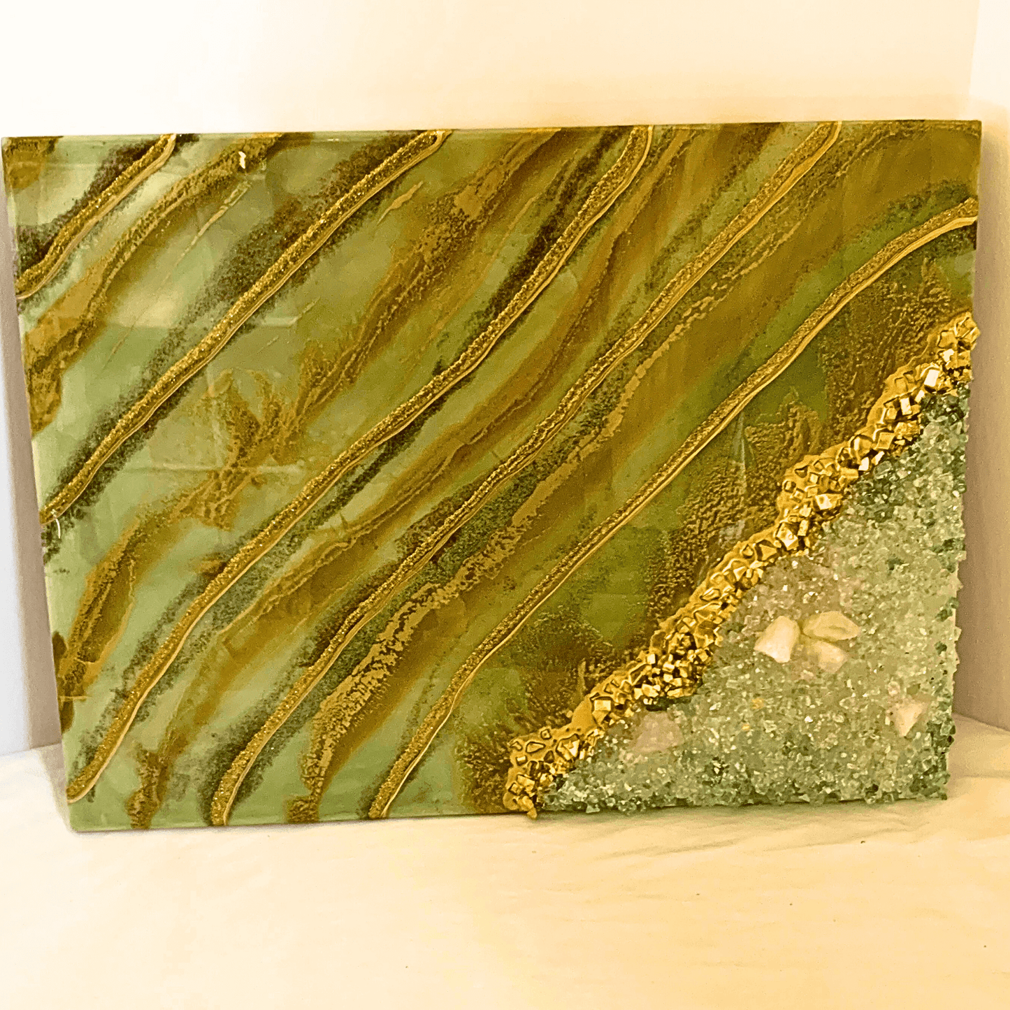Olive Me Loves Olive You- Modern Resin Crystal Geode Art Olive Green & Gold