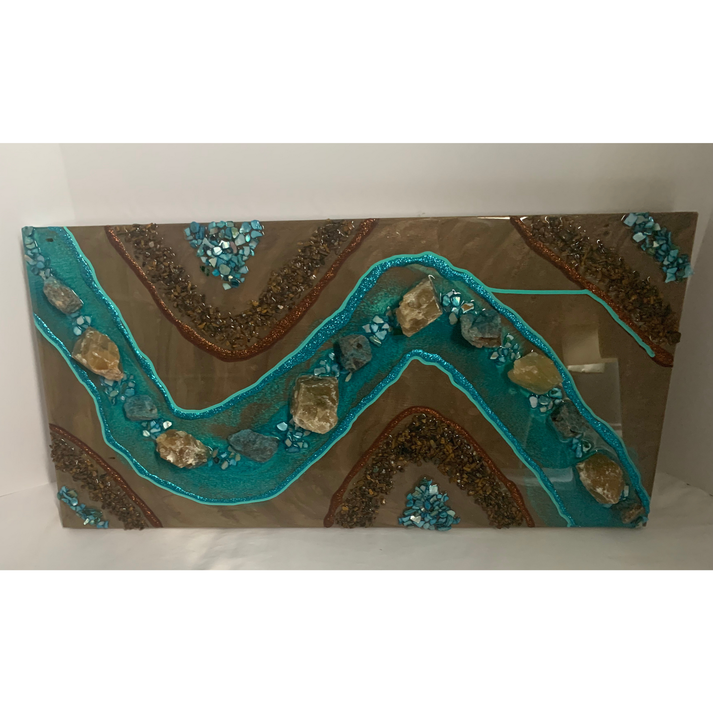 "CALM" Blue Apatite Honey Calcite & Tigers Eye Brown & Turquoise Modern Crystal & Resin Art