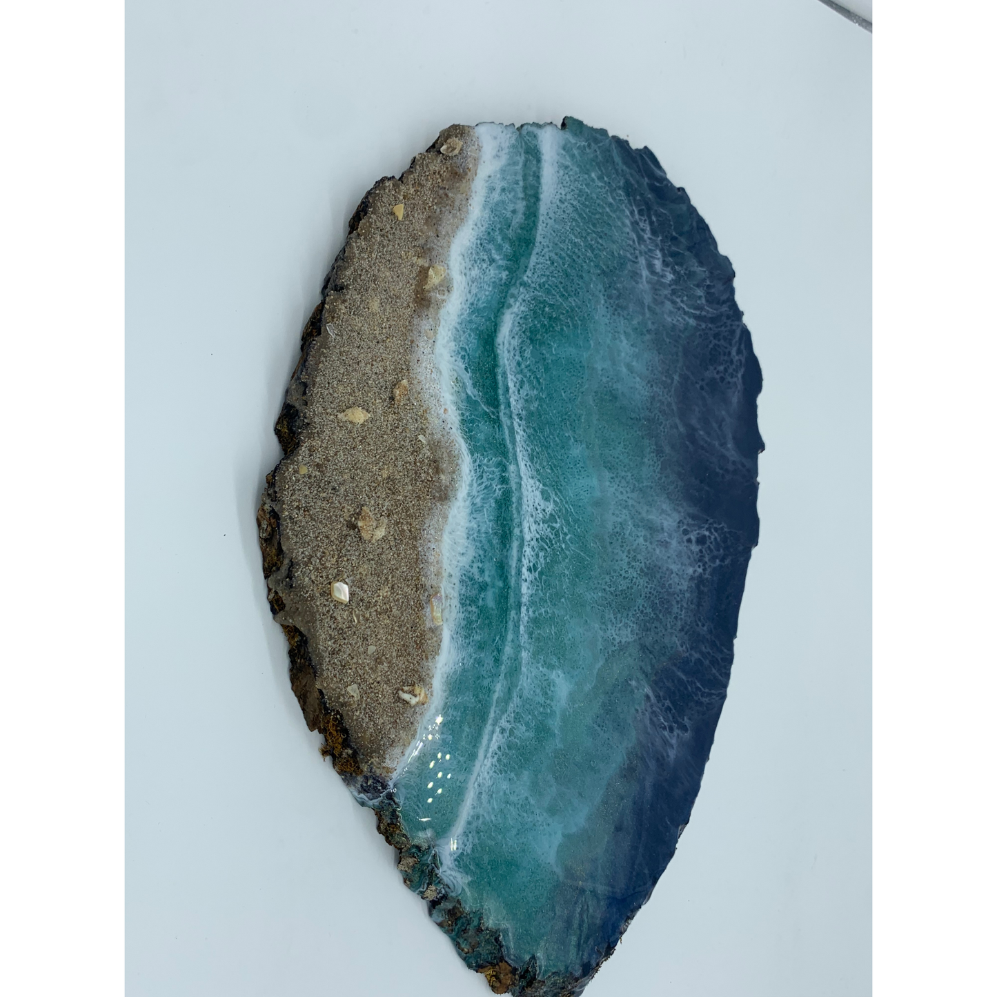 Beach Tray Modern Resin Functional Art Ocean with Raw Bark Edge