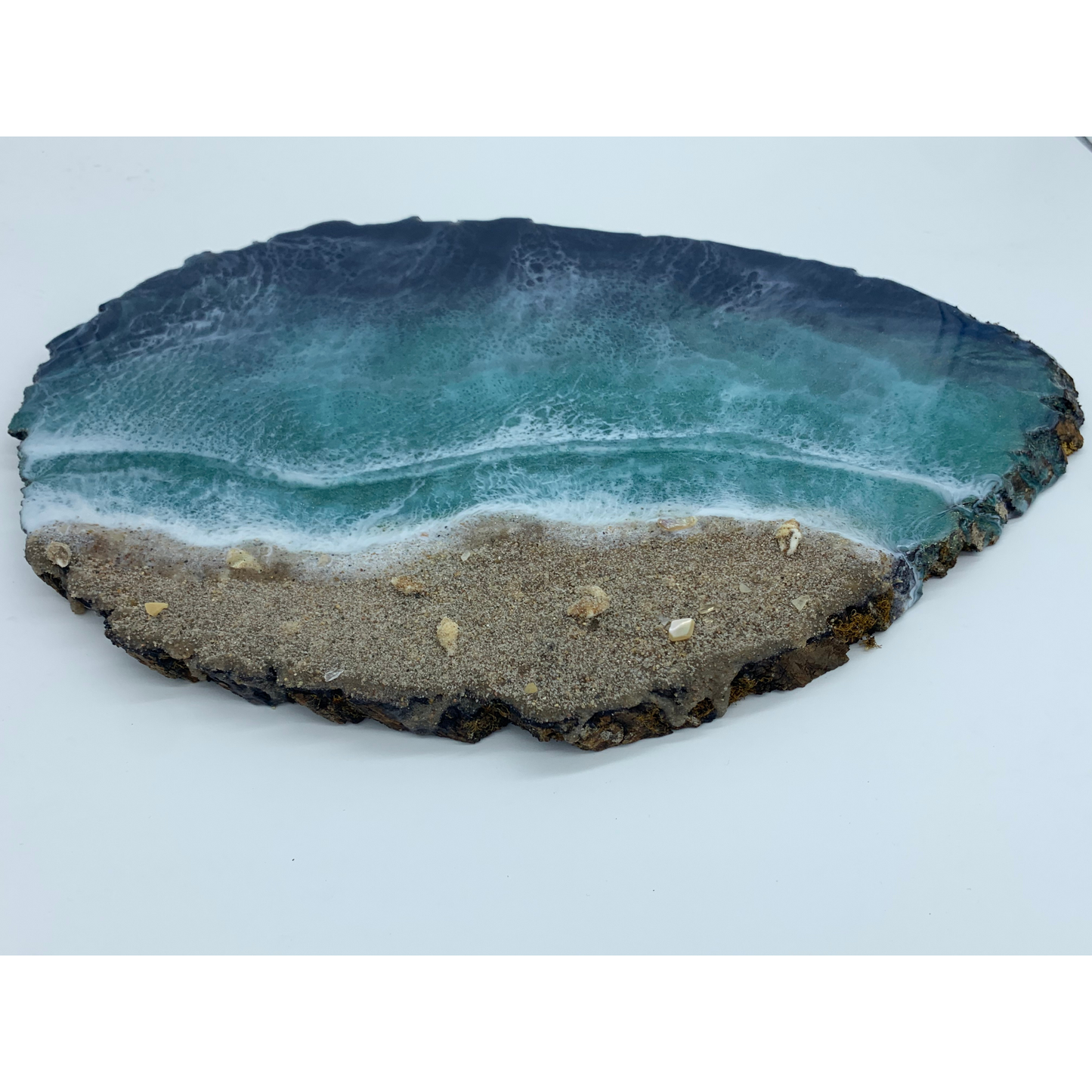 Beach Tray Modern Resin Functional Art Ocean with Raw Bark Edge
