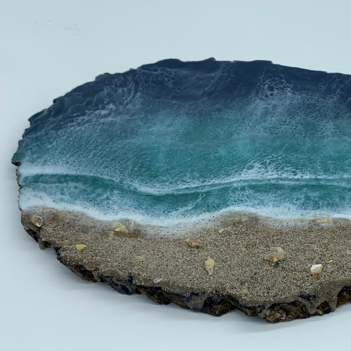Beach Tray Modern Resin Functional Art Ocean with Raw Bark Edge