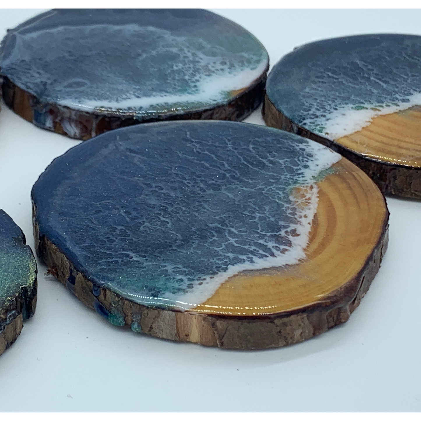 Beach Resin Coasters Set of 5 on Raw Edged Wood