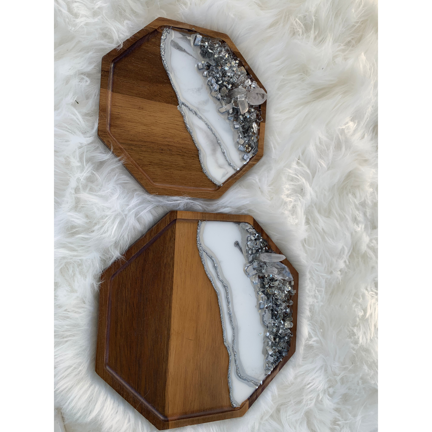 Twin Geode White & Silver Crystal Quartz Infused Acacia Trays