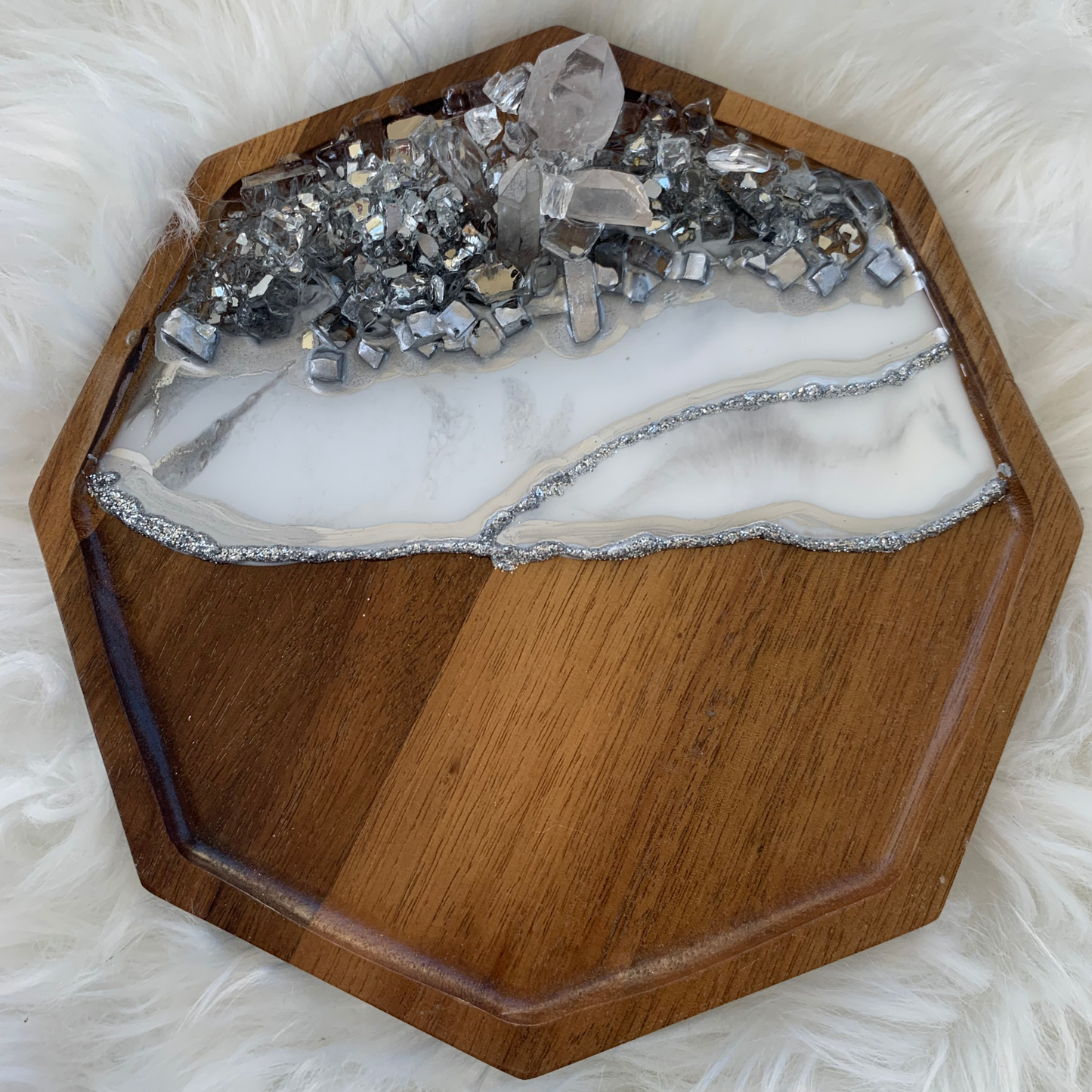 Twin Geode White & Silver Crystal Quartz Infused Acacia Trays