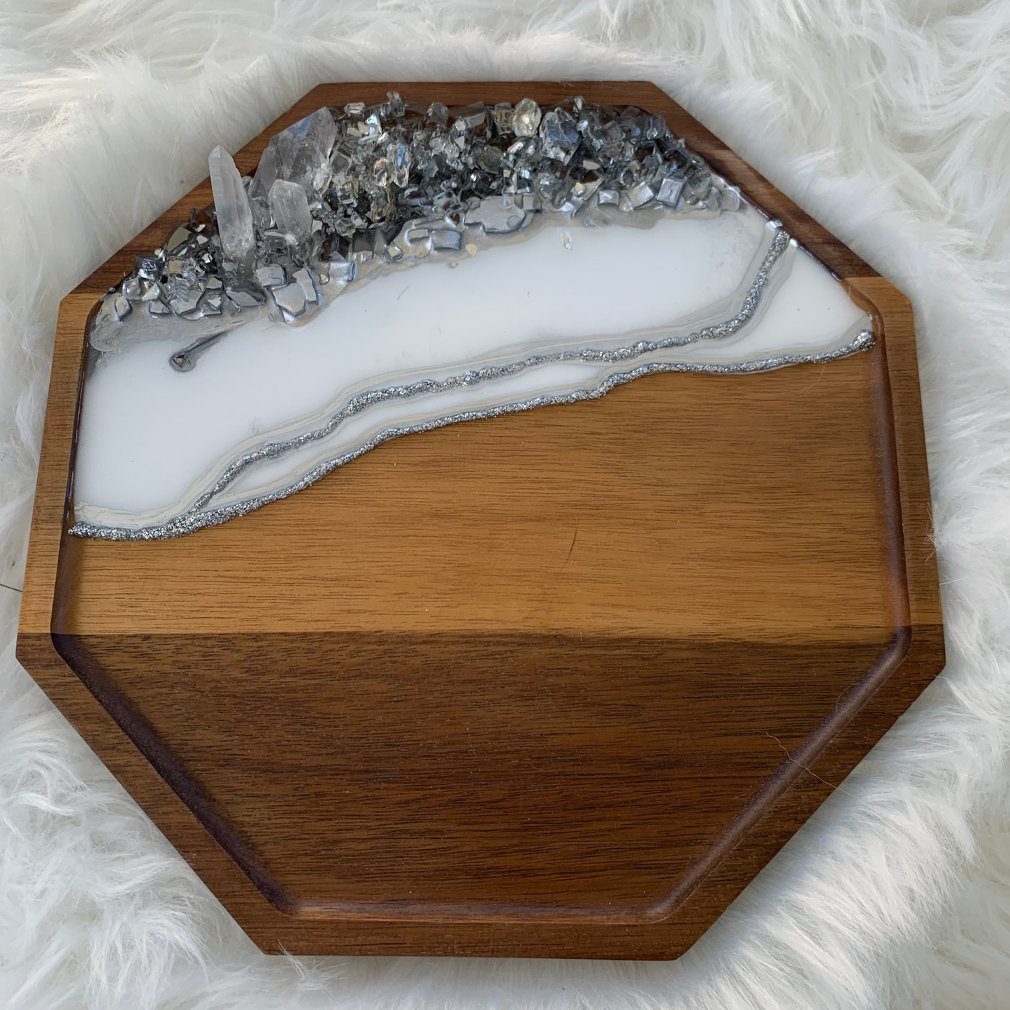 Twin Geode White & Silver Crystal Quartz Infused Acacia Trays