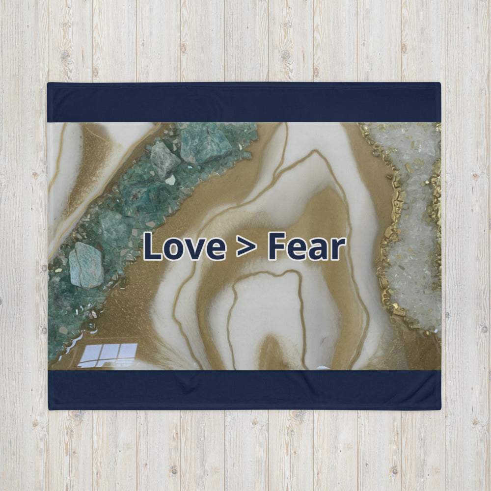Love > Fear 50x60 Throw Blanket with Gold and White Crystal Geode Background